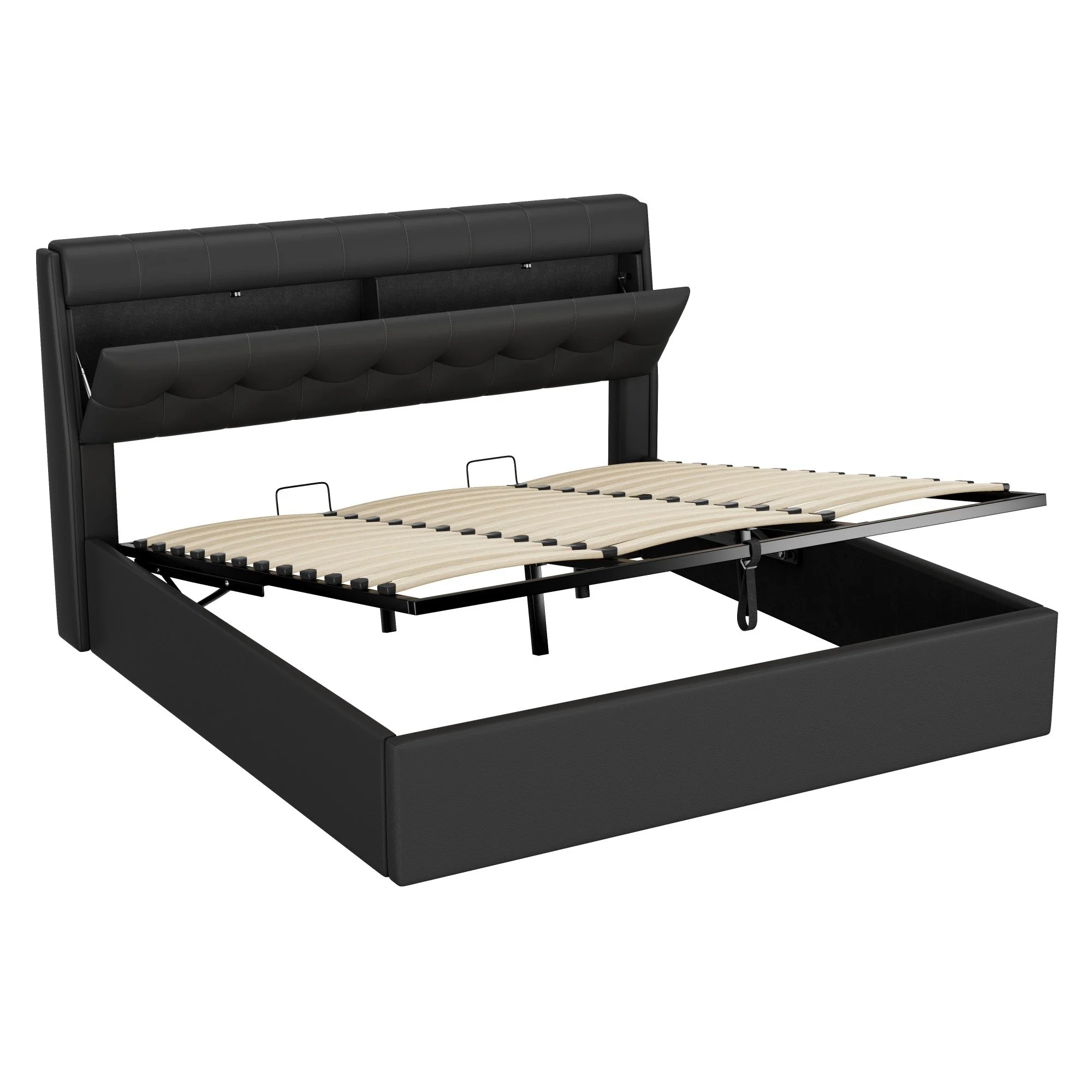 Upholstered Bed with Hydraulic Storage and Concealed Headboard Shelf, 180x200cm, Black PU - Image 9