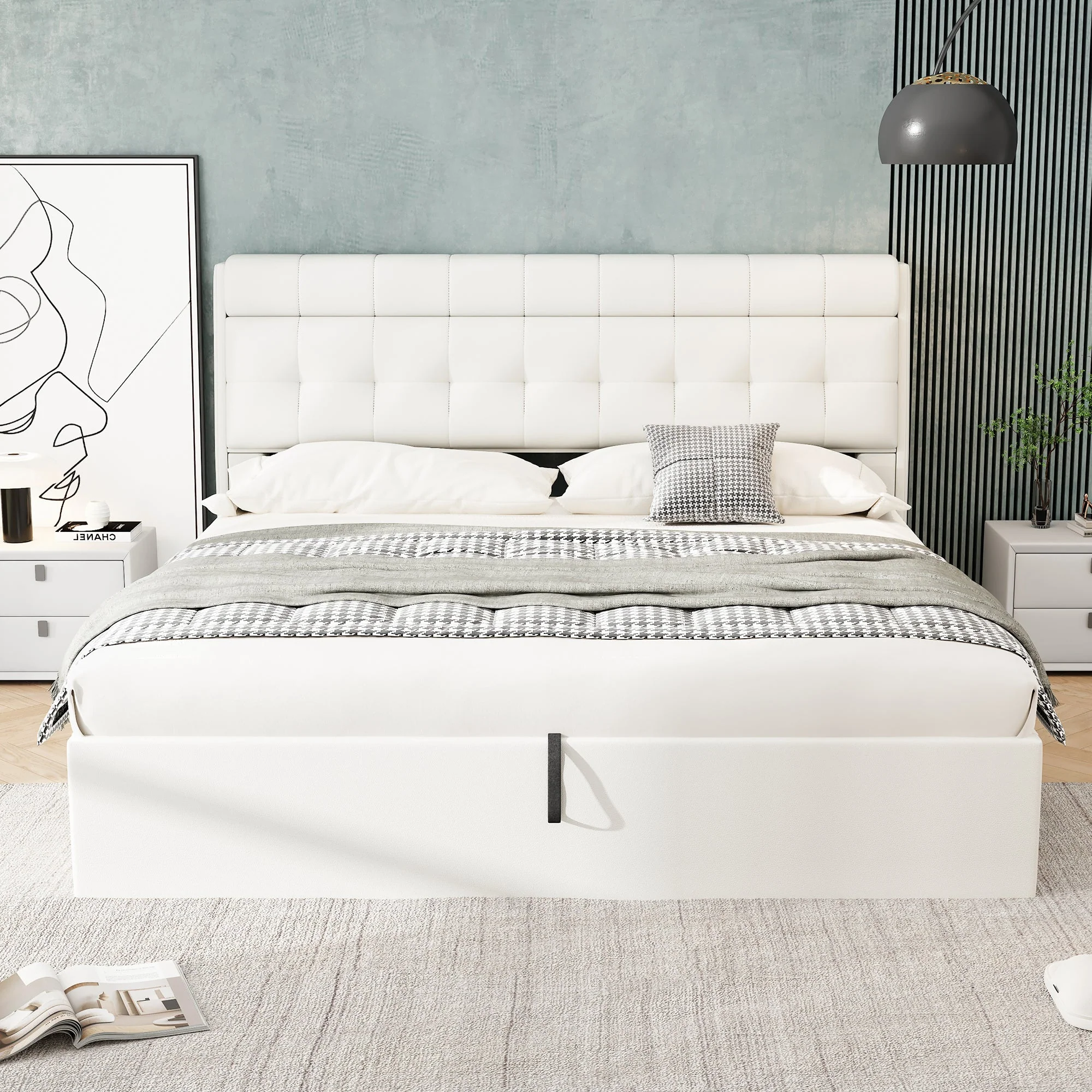 Upholstered Bed with Hydraulic Storage and Concealed Headboard Shelf, 180x200cm, White PU - Image 2