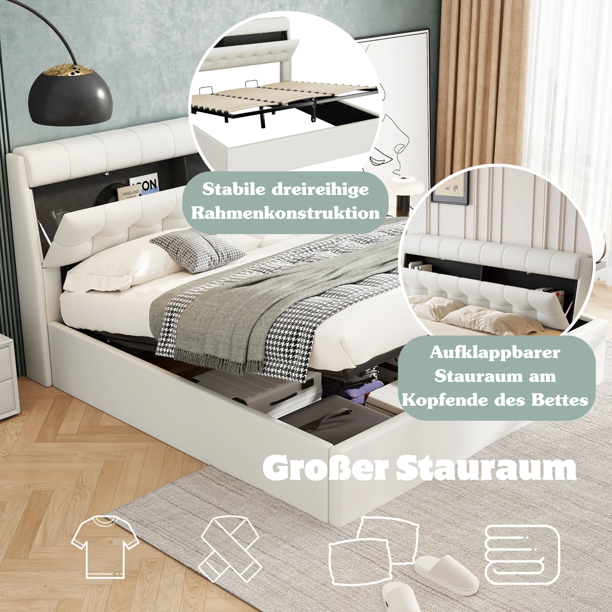 Upholstered Bed with Hydraulic Storage and Concealed Headboard Shelf, 180x200cm, White PU - Image 4