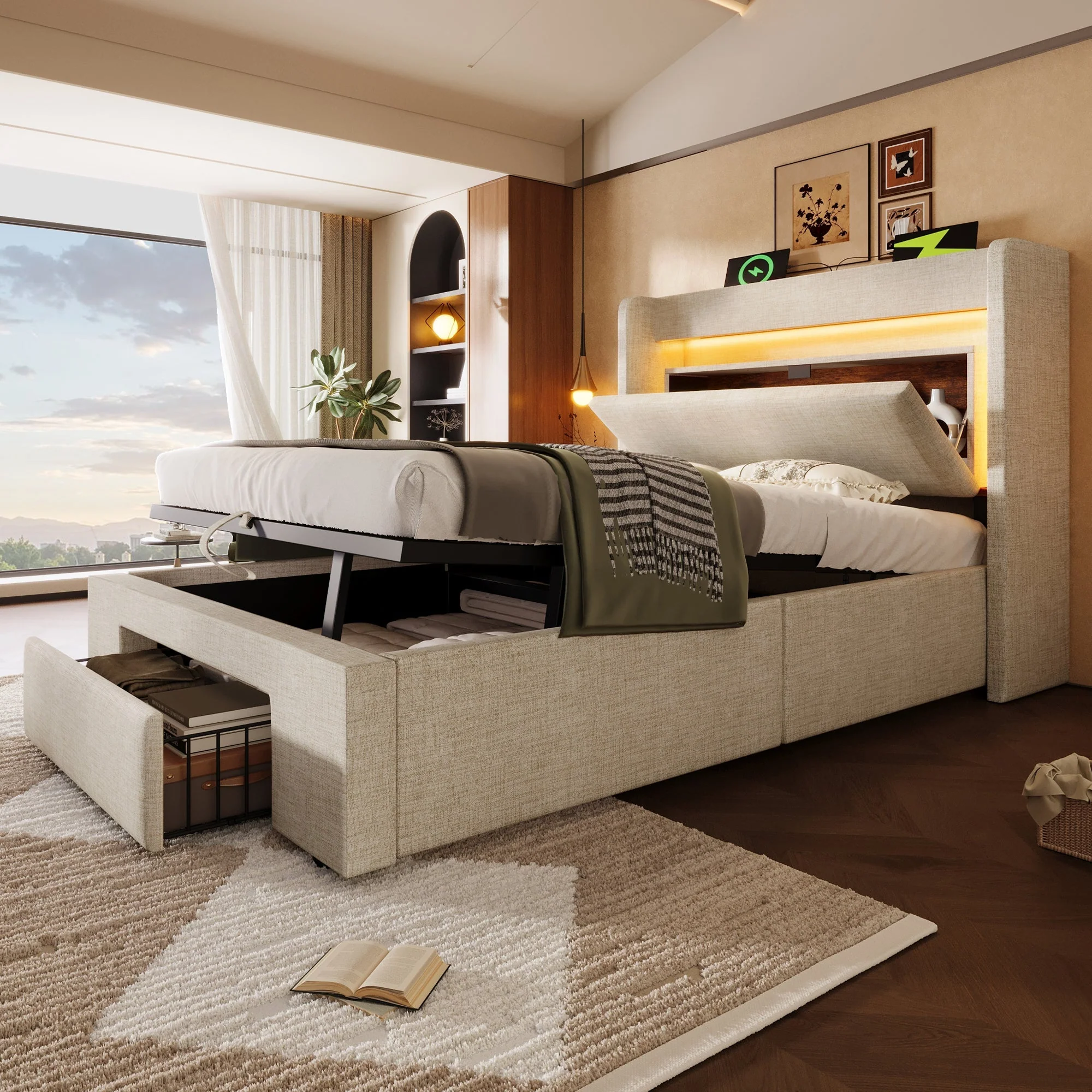 Upholstered Bed with Hydraulic Storage and LED Headboard, 90x200 cm with Mattress, Beige Linen - Image 8