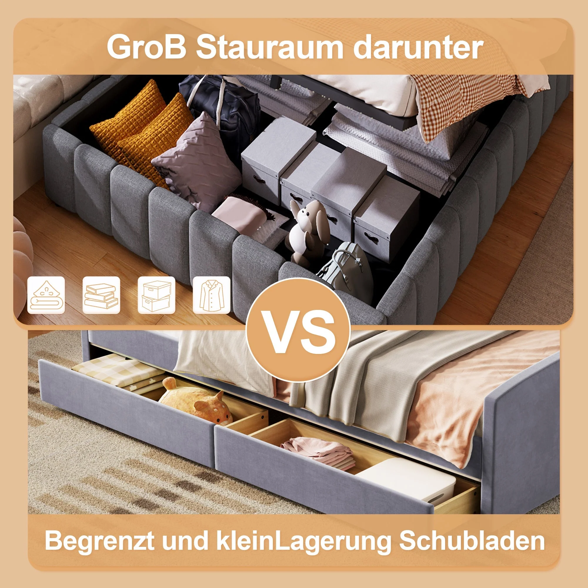 Upholstered Bed with Hydraulic Storage and No Headboard, 140x200cm, Grey Linen - Image 2