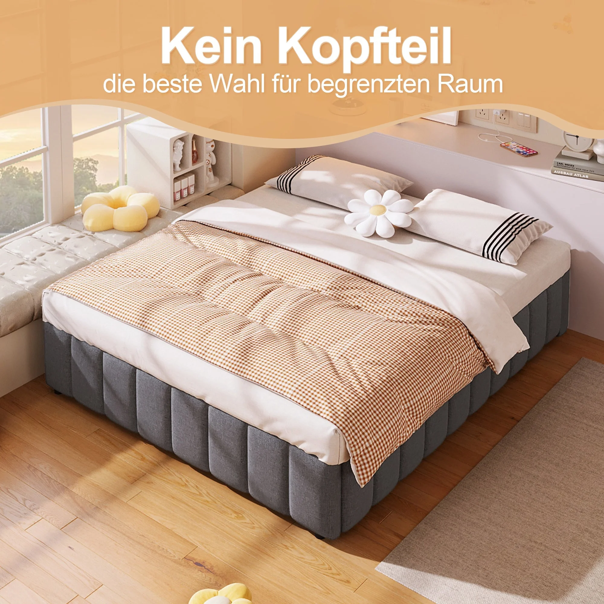 Upholstered Bed with Hydraulic Storage and No Headboard, 140x200cm, Grey Linen - Image 3