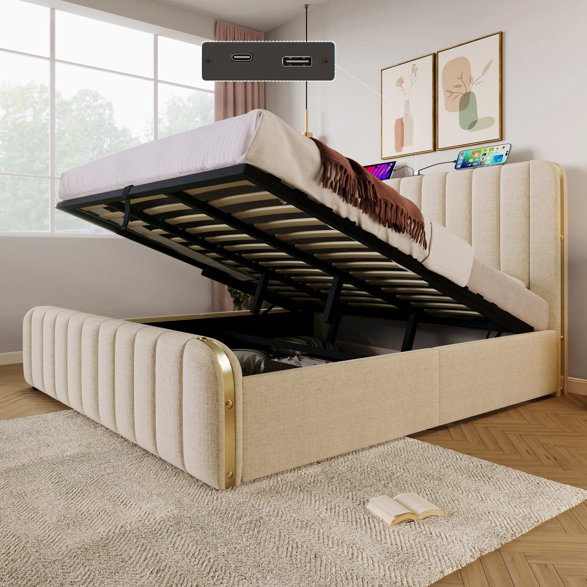 Upholstered Bed with Hydraulic Storage and USB Type-C Charging, 180x200cm, Beige Linen