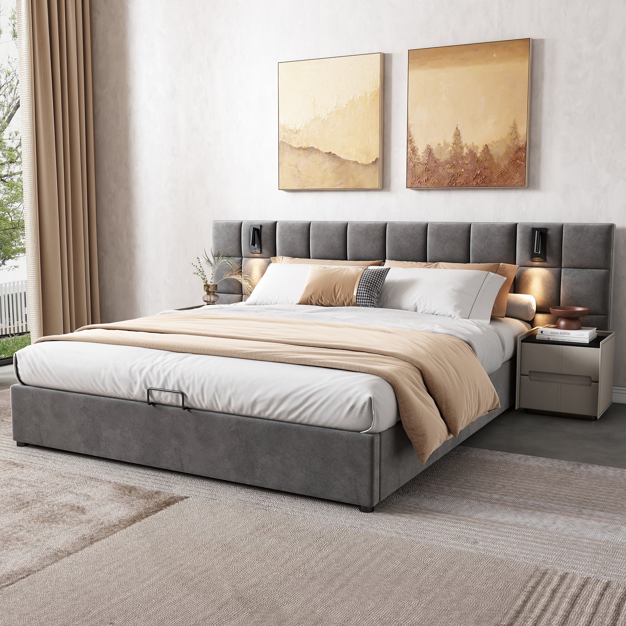 Upholstered Bed with Hydraulic Storage, Lamp and USB Charging, 180x200cm, Grey Velvet - Image 4