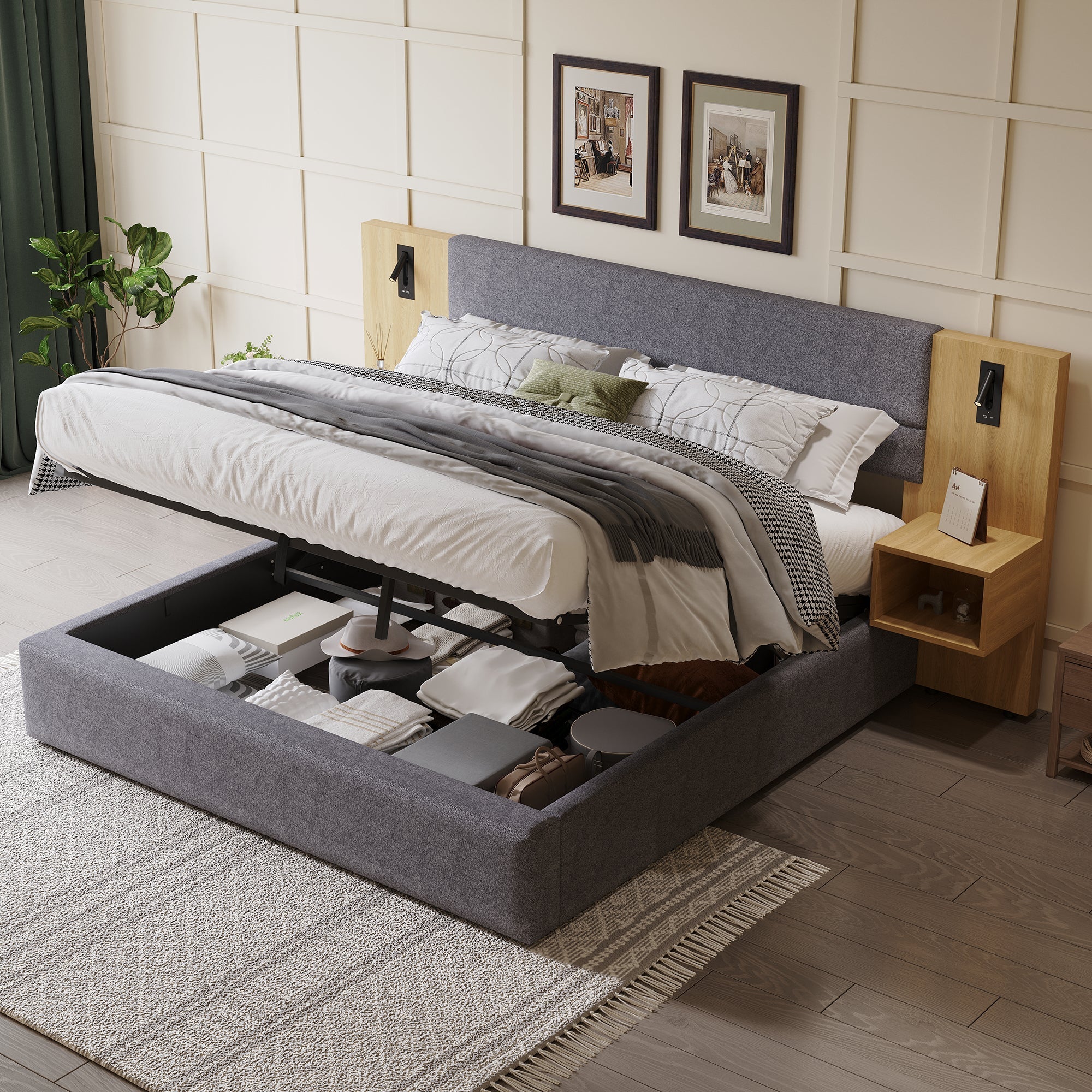 Upholstered Bed with Hydraulic Storage, LED, USB and 2 Bedside Tables, 160x200cm, Grey and Natural Velvet - Image 2