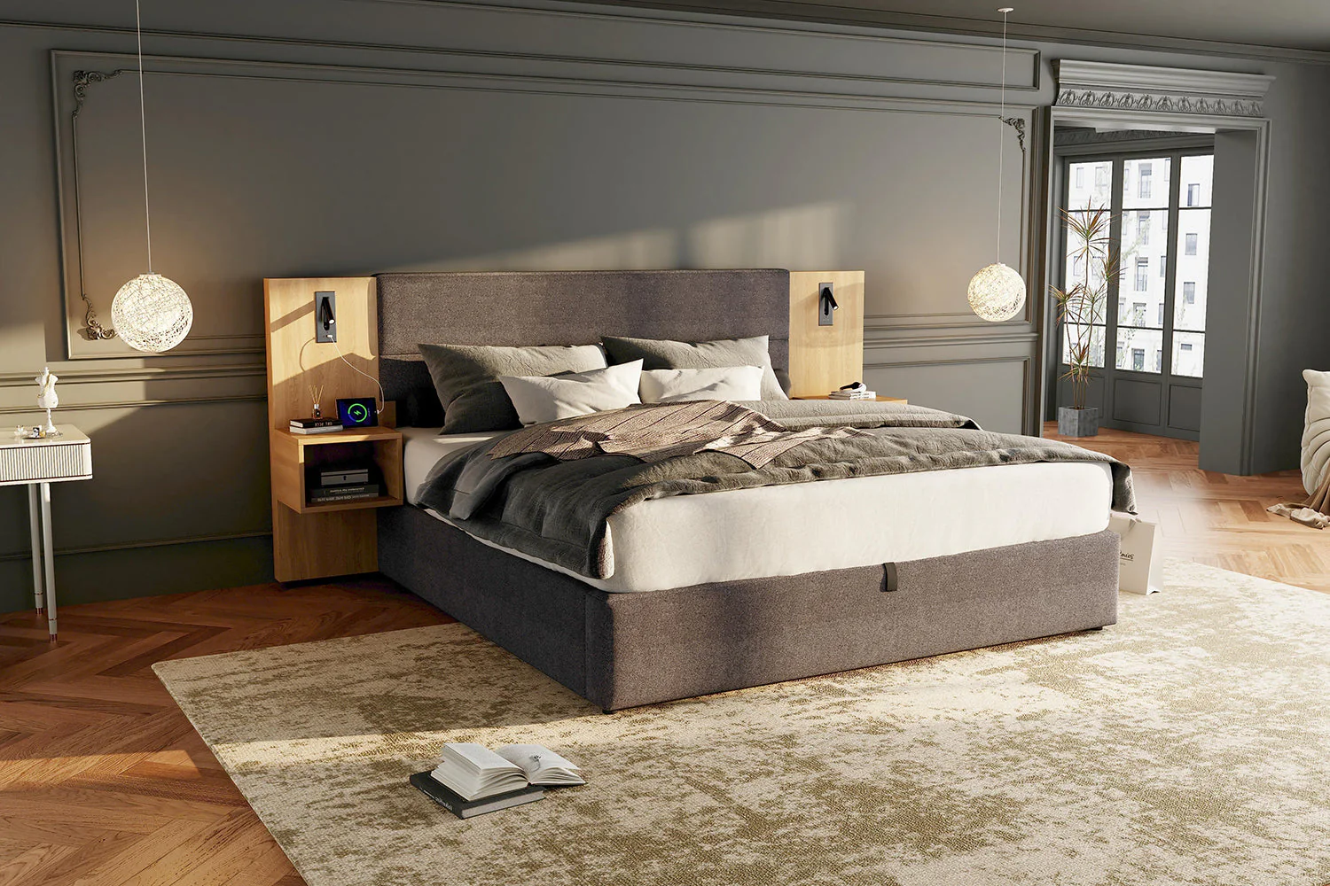 Upholstered Bed with Hydraulic Storage, LED, USB and 2 Bedside Tables, 160x200cm, Grey and Natural Velvet - Image 8