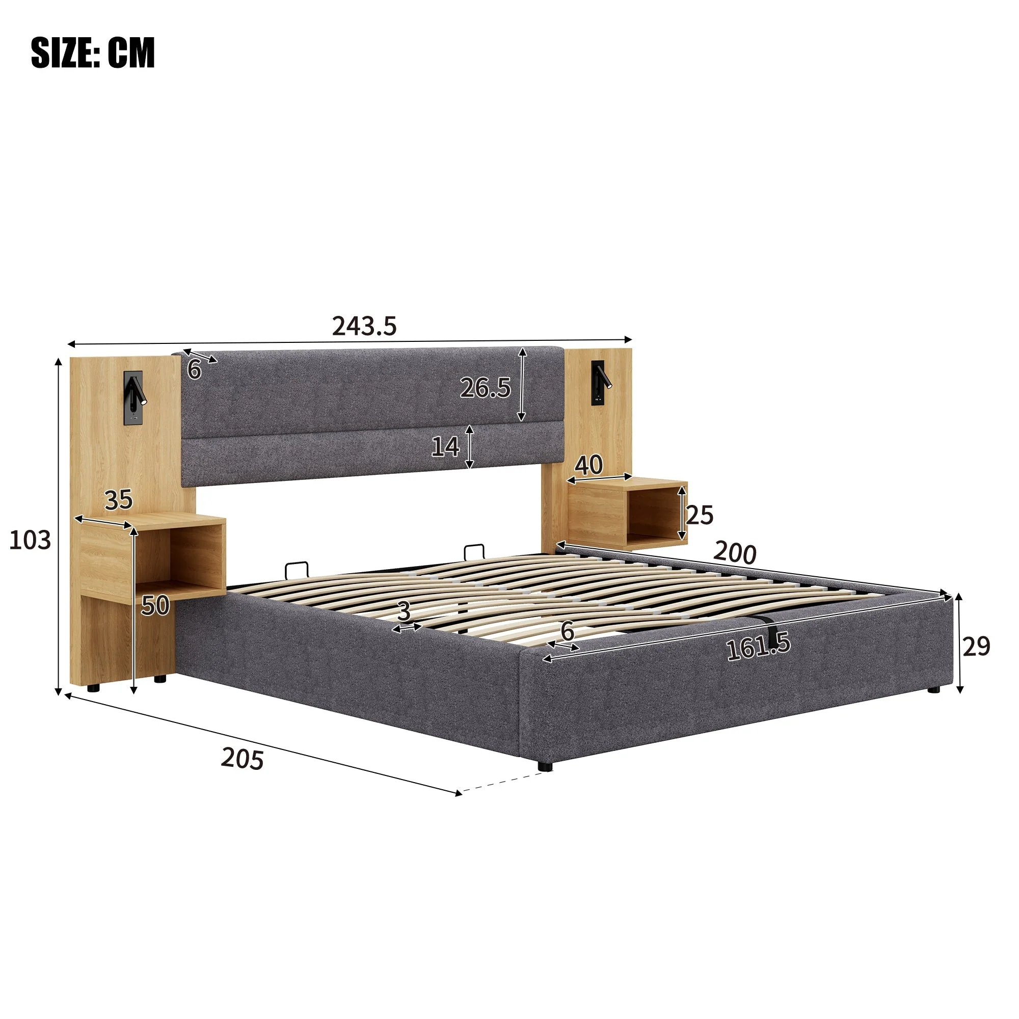 Upholstered Bed with Hydraulic Storage, LED, USB and 2 Bedside Tables, 160x200cm, Grey and Natural Velvet - Image 9