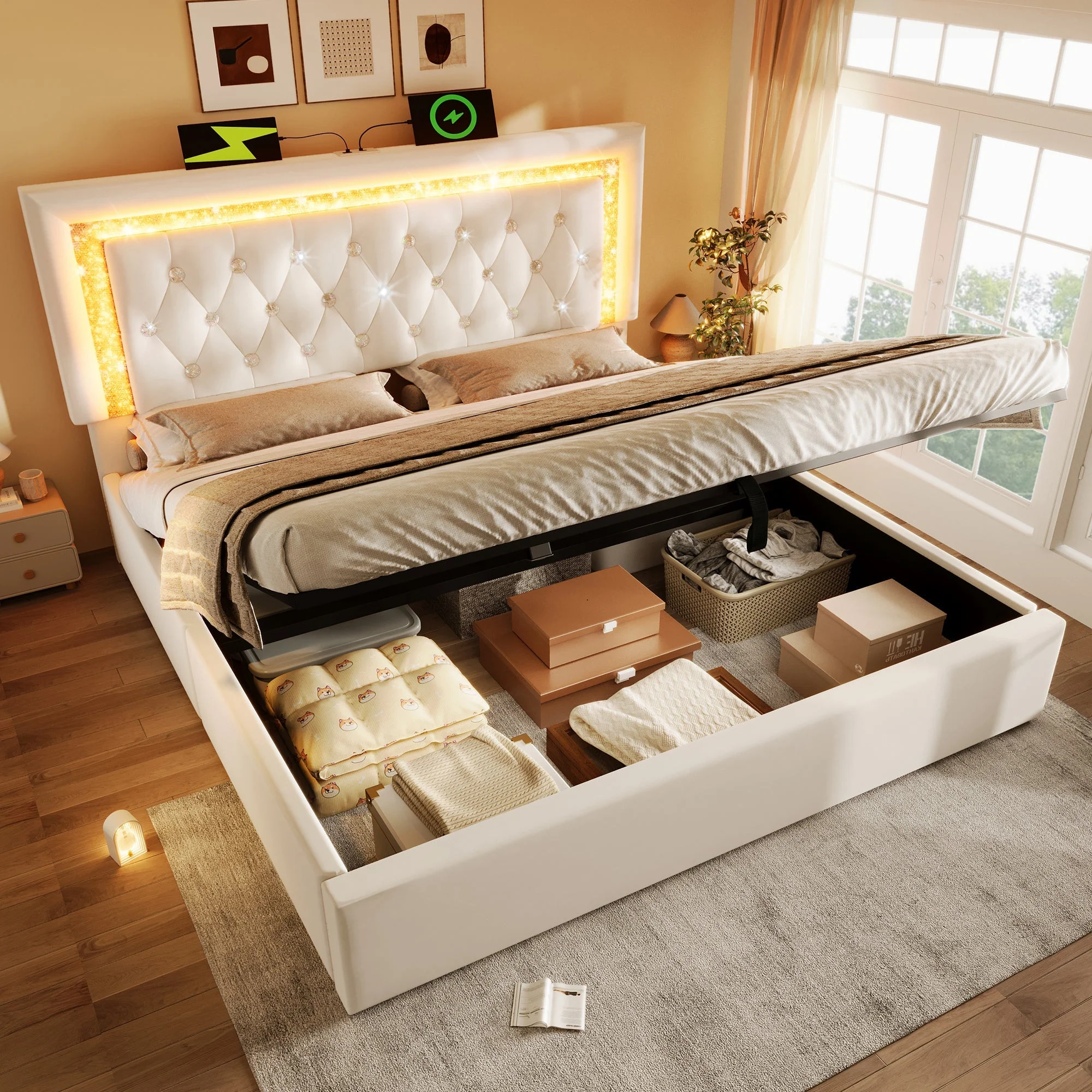 Upholstered Bed with LED Headboard, Charging Station and Storage, 160x200 cm, Beige Velvet - Image 10