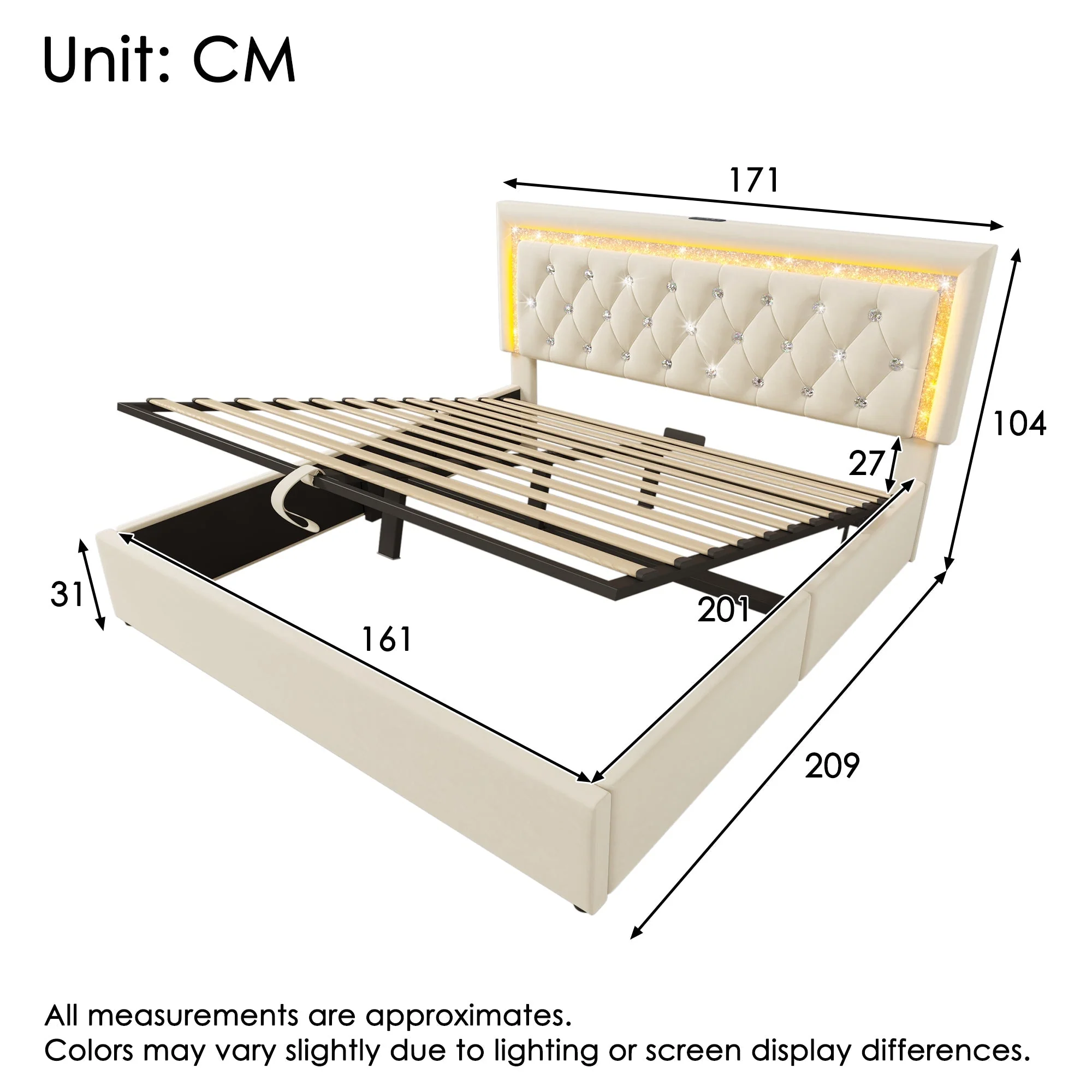 Upholstered Bed with LED Headboard, Charging Station and Storage, 160x200 cm, Beige Velvet - Image 2