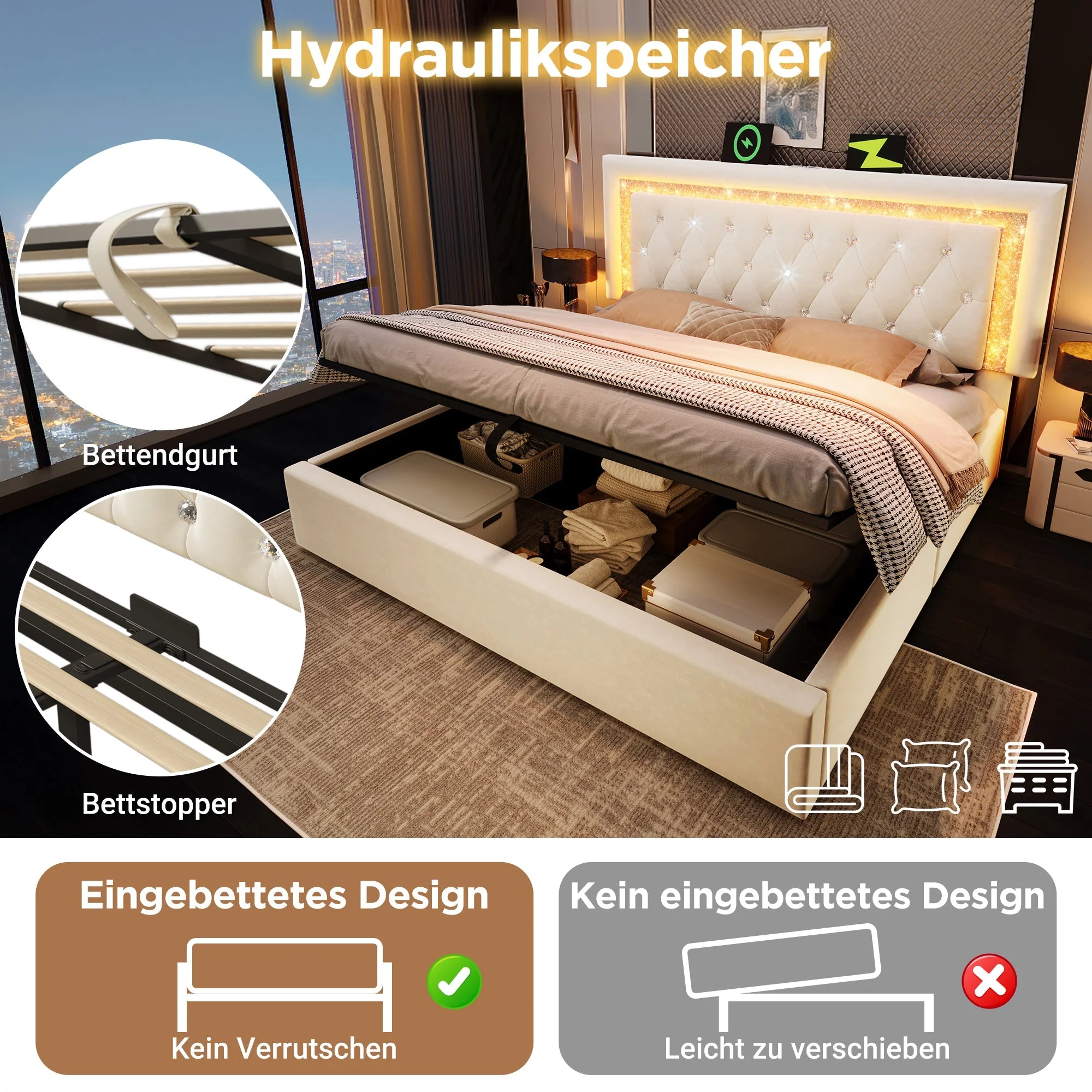 Upholstered Bed with LED Headboard, Charging Station and Storage, 160x200 cm, Beige Velvet - Image 4