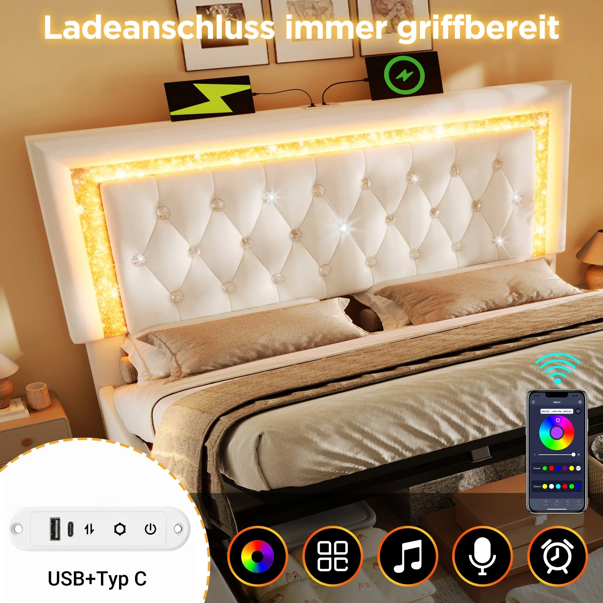 Upholstered Bed with LED Headboard, Charging Station and Storage, 160x200 cm, Beige Velvet - Image 5