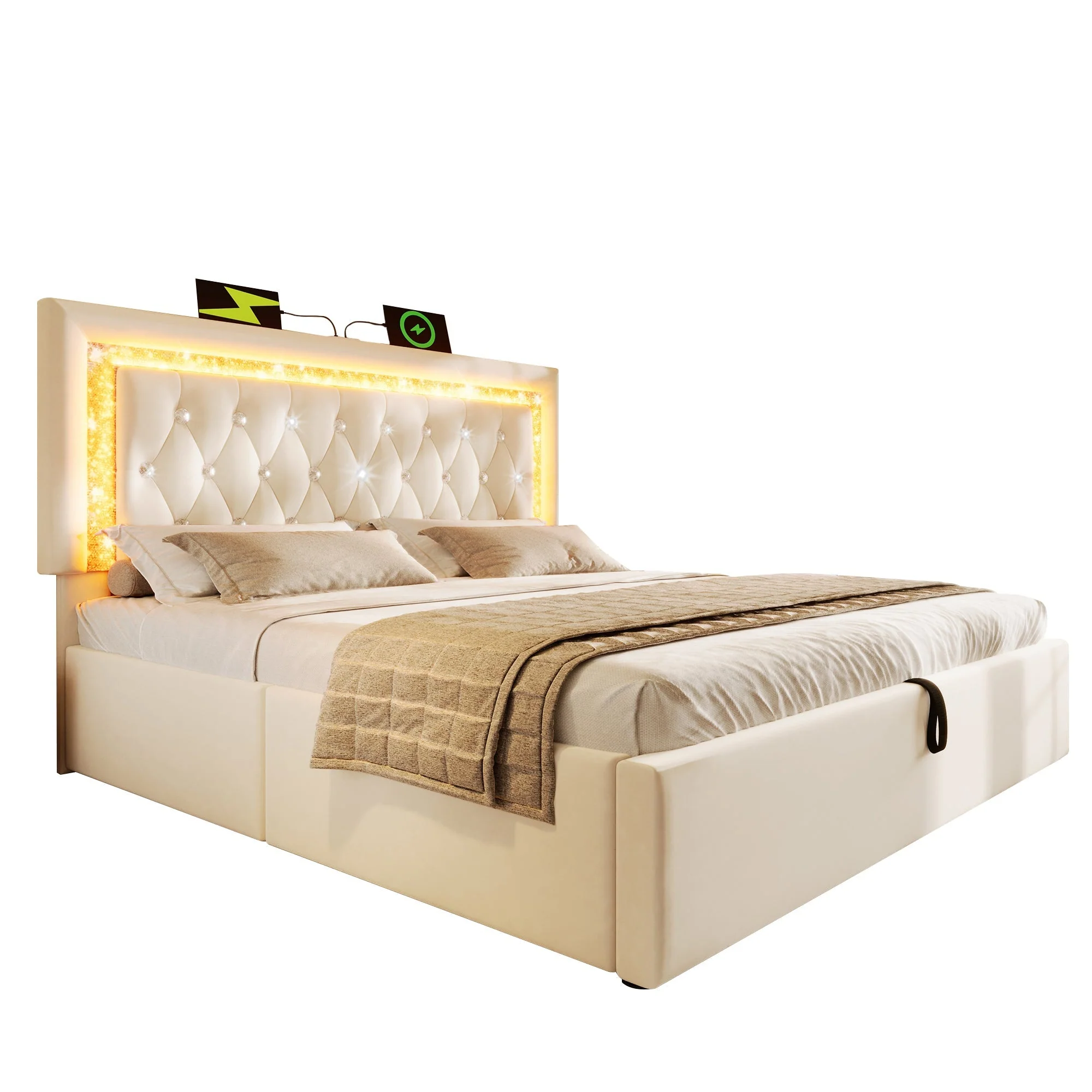 Upholstered Bed with LED Headboard, Charging Station and Storage, 160x200 cm, Beige Velvet - Image 6