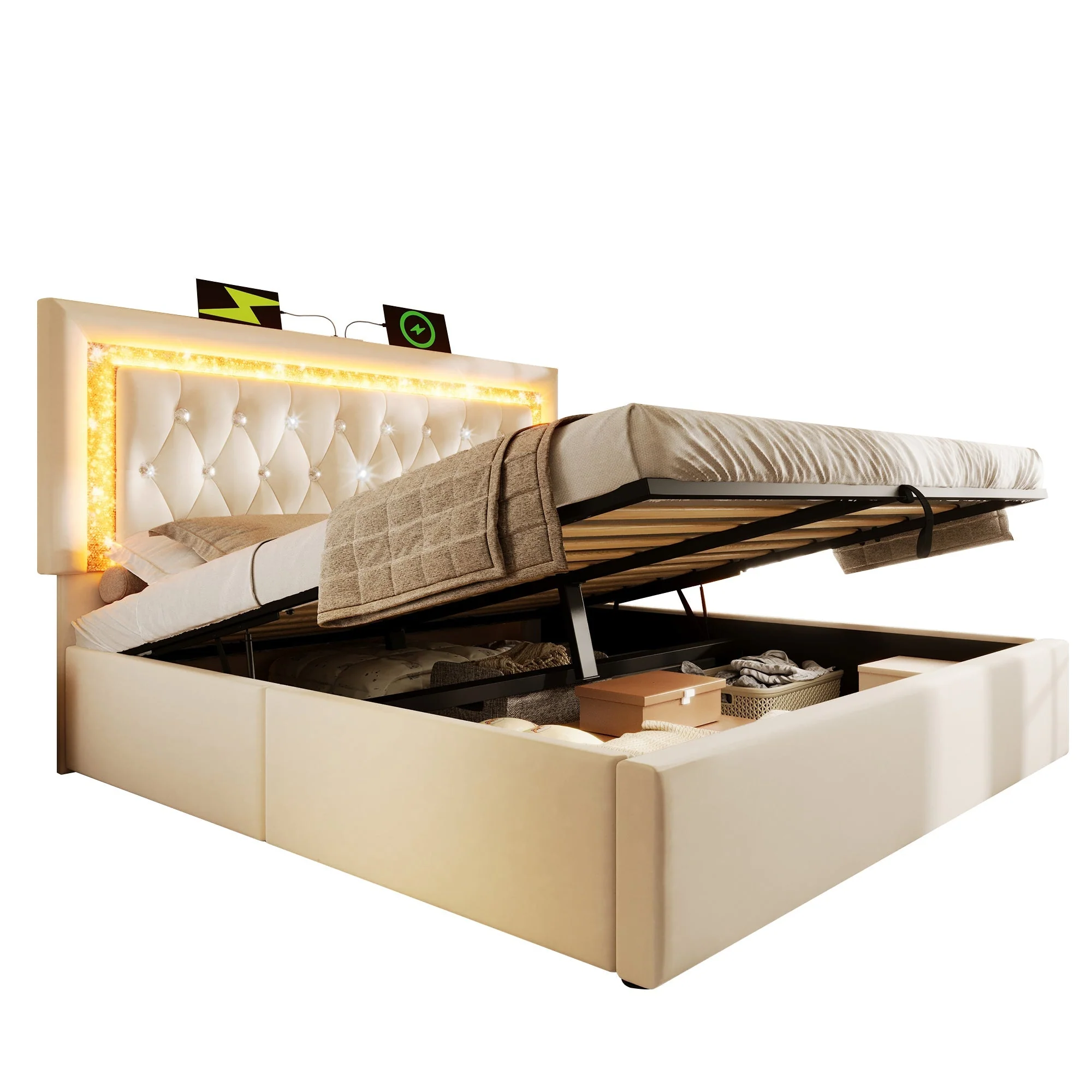 Upholstered Bed with LED Headboard, Charging Station and Storage, 160x200 cm, Beige Velvet - Image 7