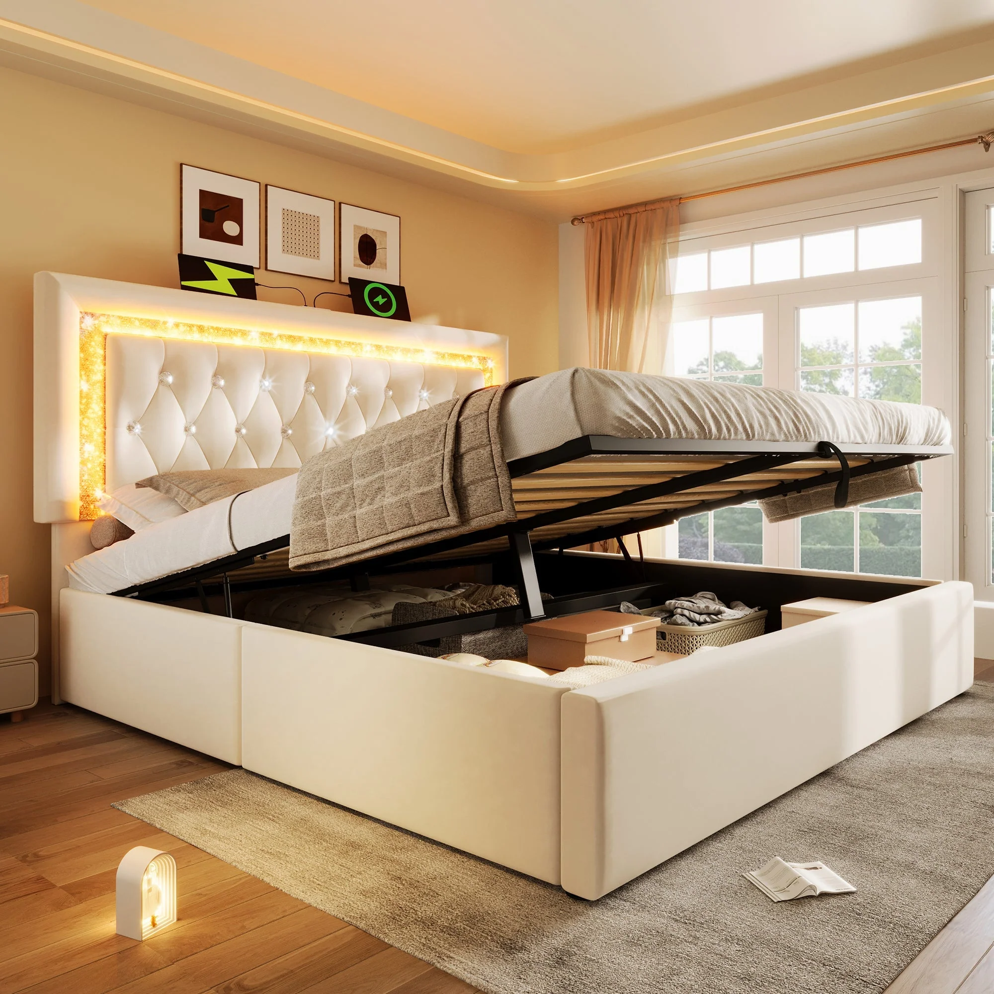 Upholstered Bed with LED Headboard, Charging Station and Storage, 160x200 cm, Beige Velvet - Image 8