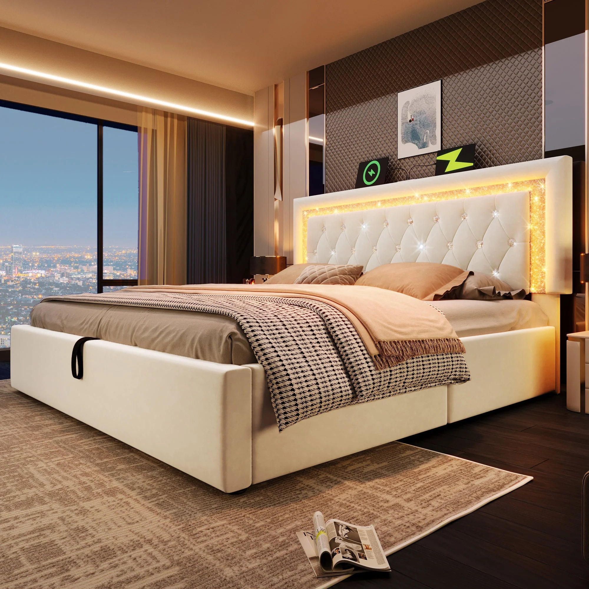 Upholstered Bed with LED Headboard, Charging Station and Storage, 160x200 cm, Beige Velvet - Image 9