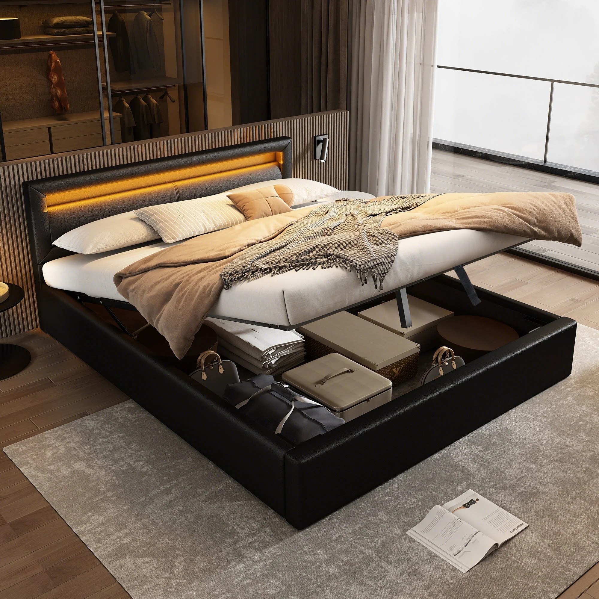 Upholstered Bed with LED Headboard, Storage and Slatted Base, 140x200cm, Black Faux Leather and Wood - Image 6