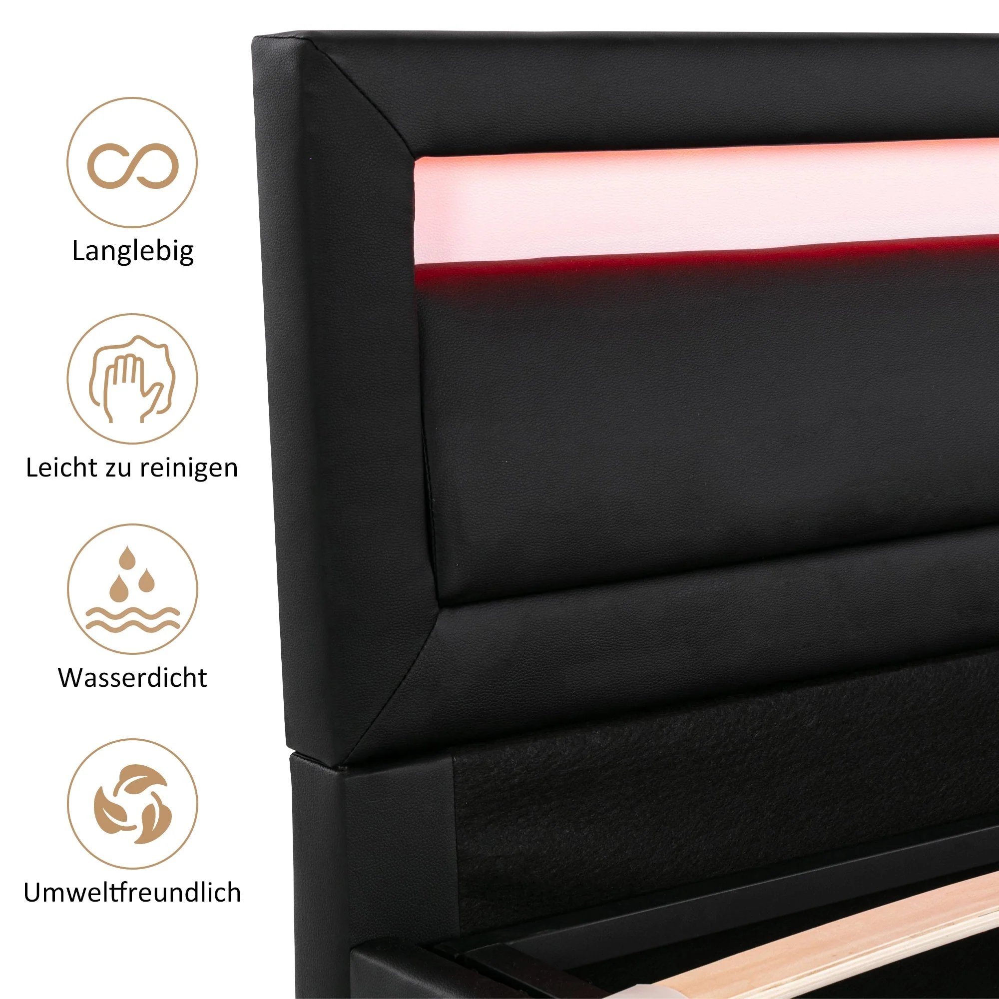 Upholstered Bed with LED Headboard, Storage and Slatted Base, 140x200cm, Black Faux Leather and Wood - Image 7