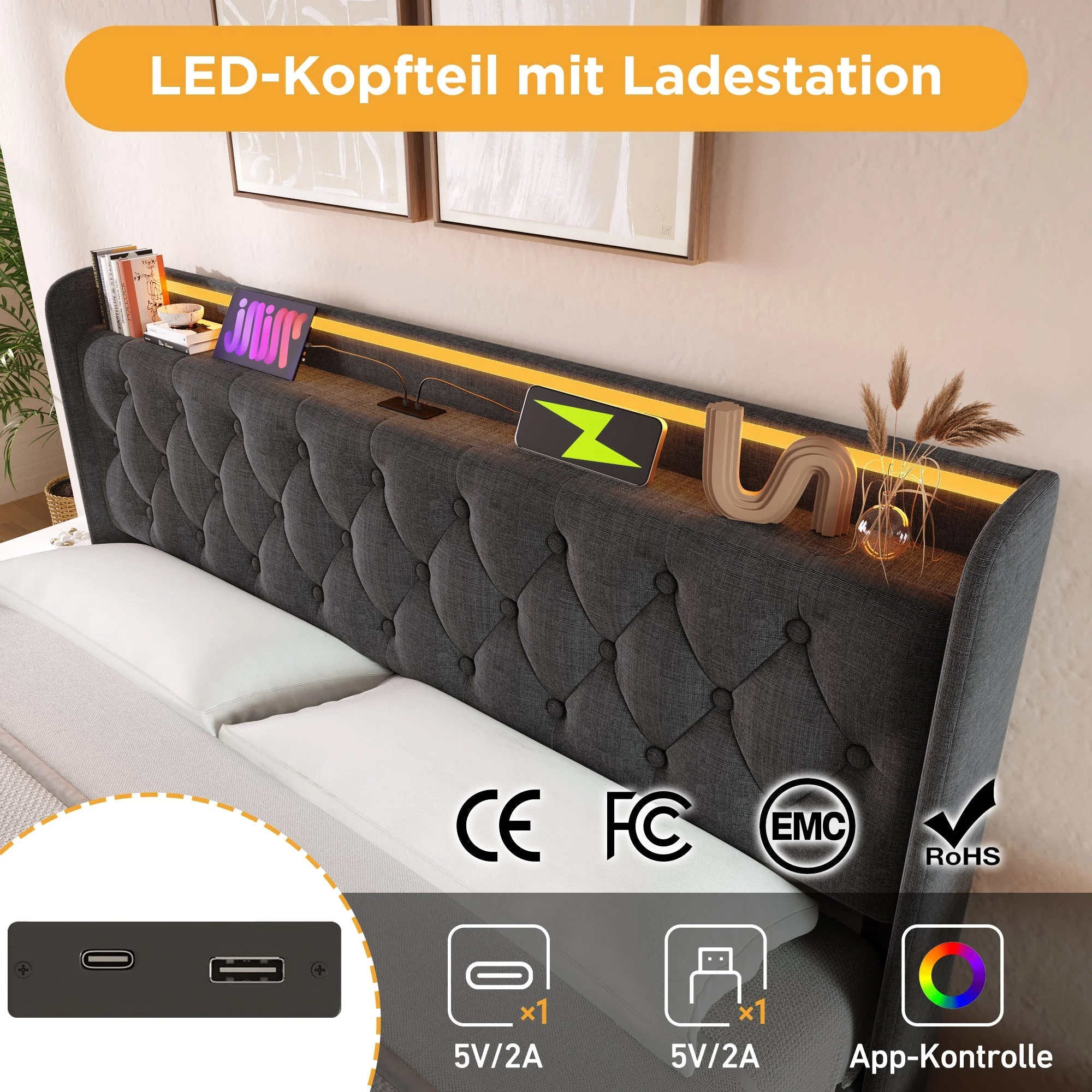 Upholstered Bed with LED, Hydraulic Storage and USB Type-C, 180x200cm, Grey - Image 5