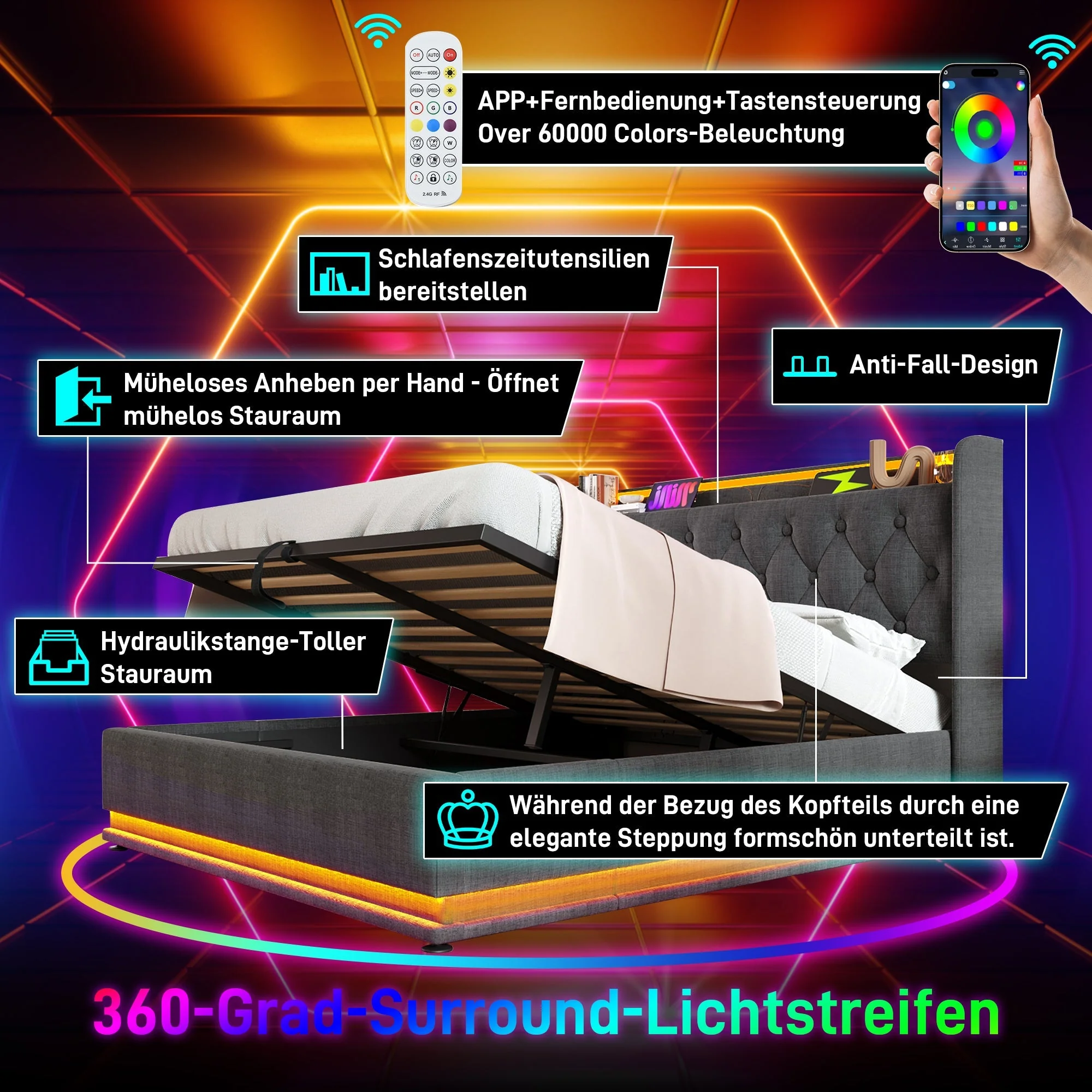 Upholstered Bed with LED, Hydraulic Storage and USB Type-C, 180x200cm, Grey - Image 6
