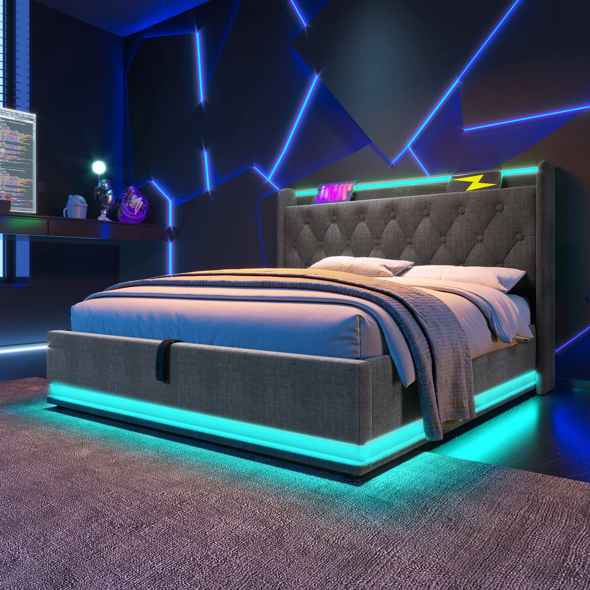 Upholstered Bed with LED, Hydraulic Storage and USB Type-C, 180x200cm, Grey - Image 8