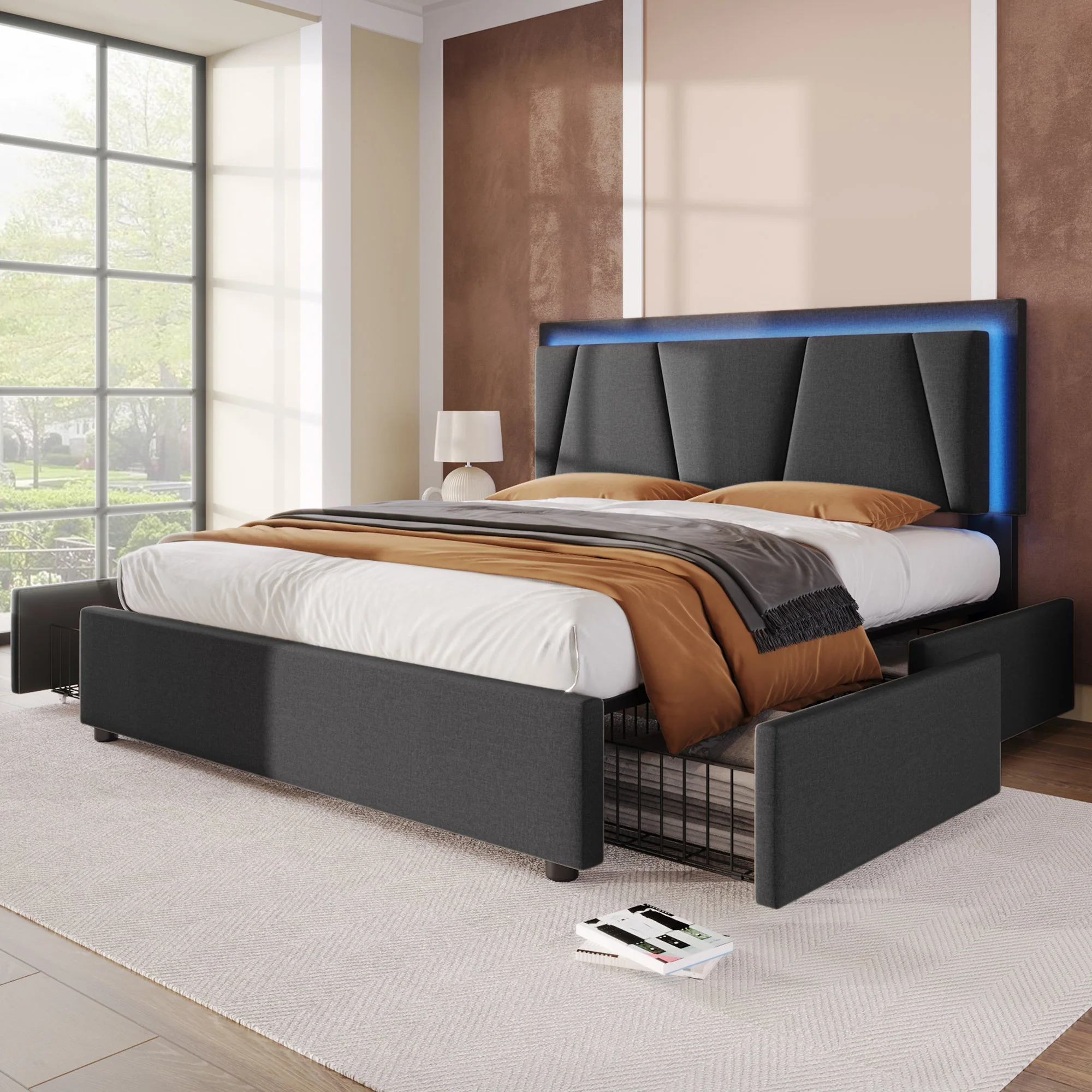 Upholstered Bed with LED Lighting, 4 Drawers, Adjustable Headboard and Mattress, 160x200cm, Grey - Image 2