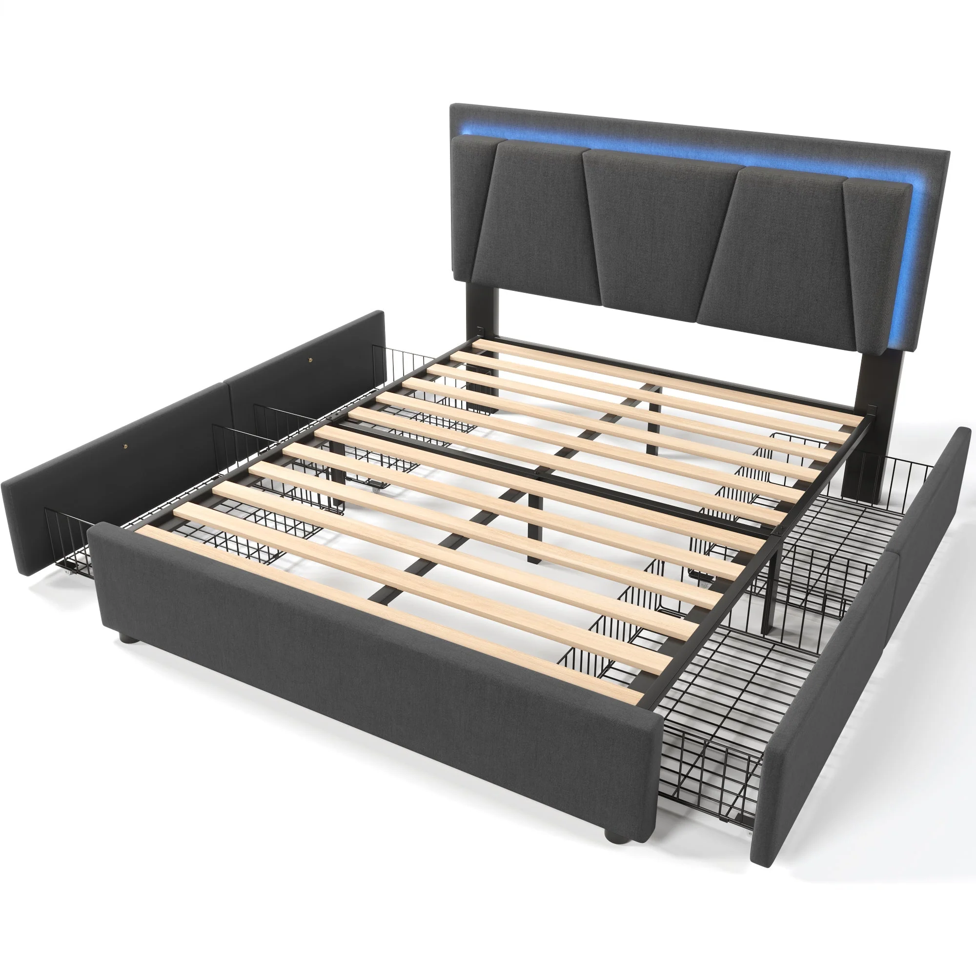 Upholstered Bed with LED Lighting, 4 Drawers, Adjustable Headboard, Gray - Image 10