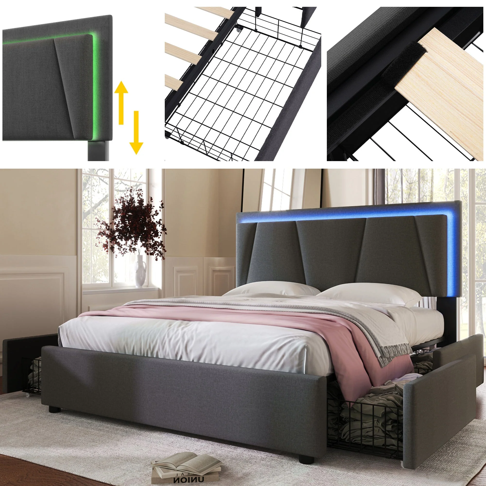 Upholstered Bed with LED Lighting, 4 Drawers, Adjustable Headboard, Gray - Image 4