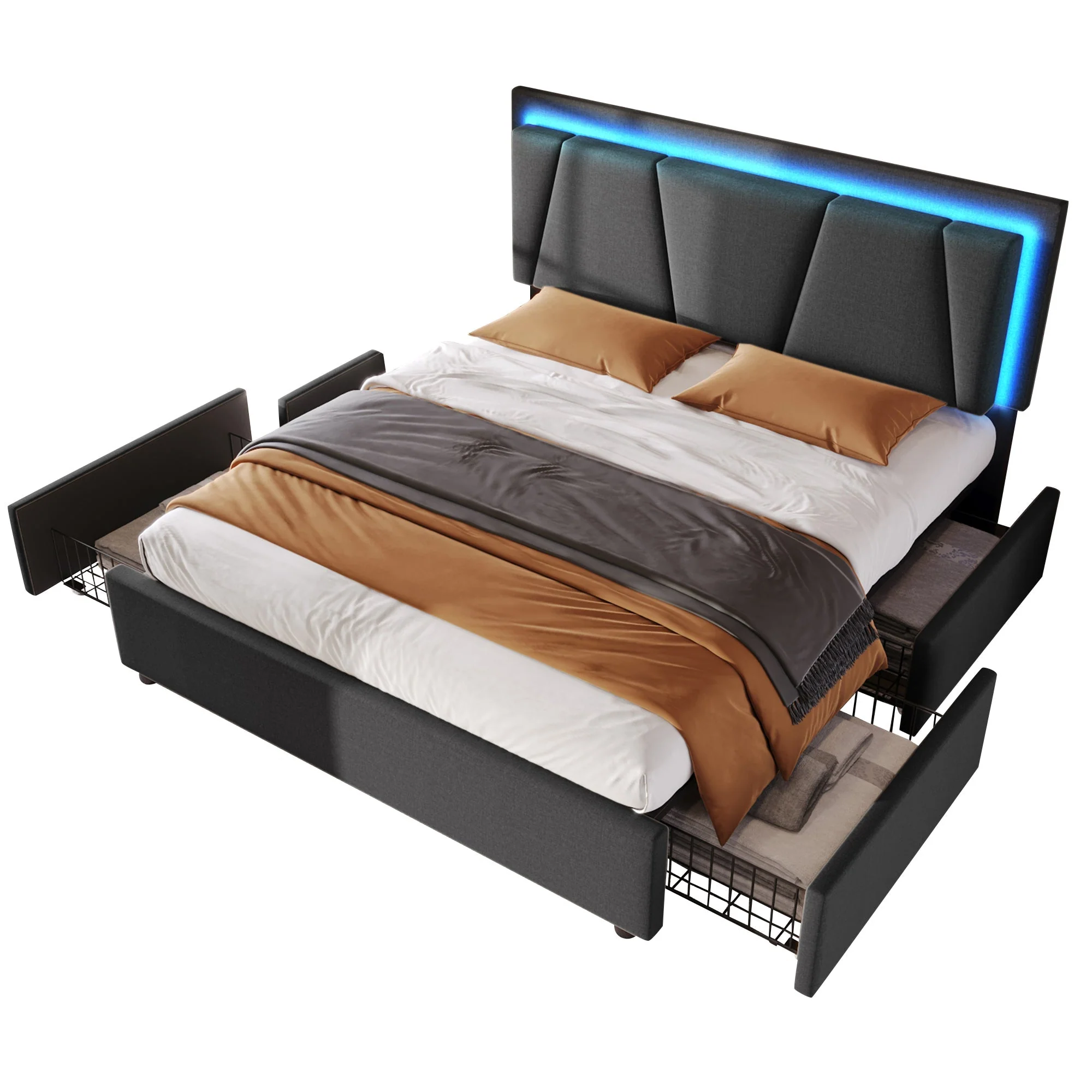 Upholstered Bed with LED Lighting, 4 Drawers, Adjustable Headboard, Gray - Image 7
