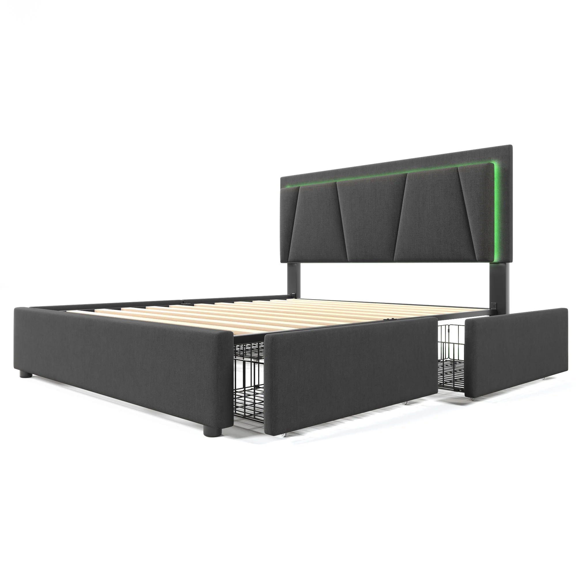 Upholstered Bed with LED Lighting, 4 Drawers, Adjustable Headboard, Gray - Image 8