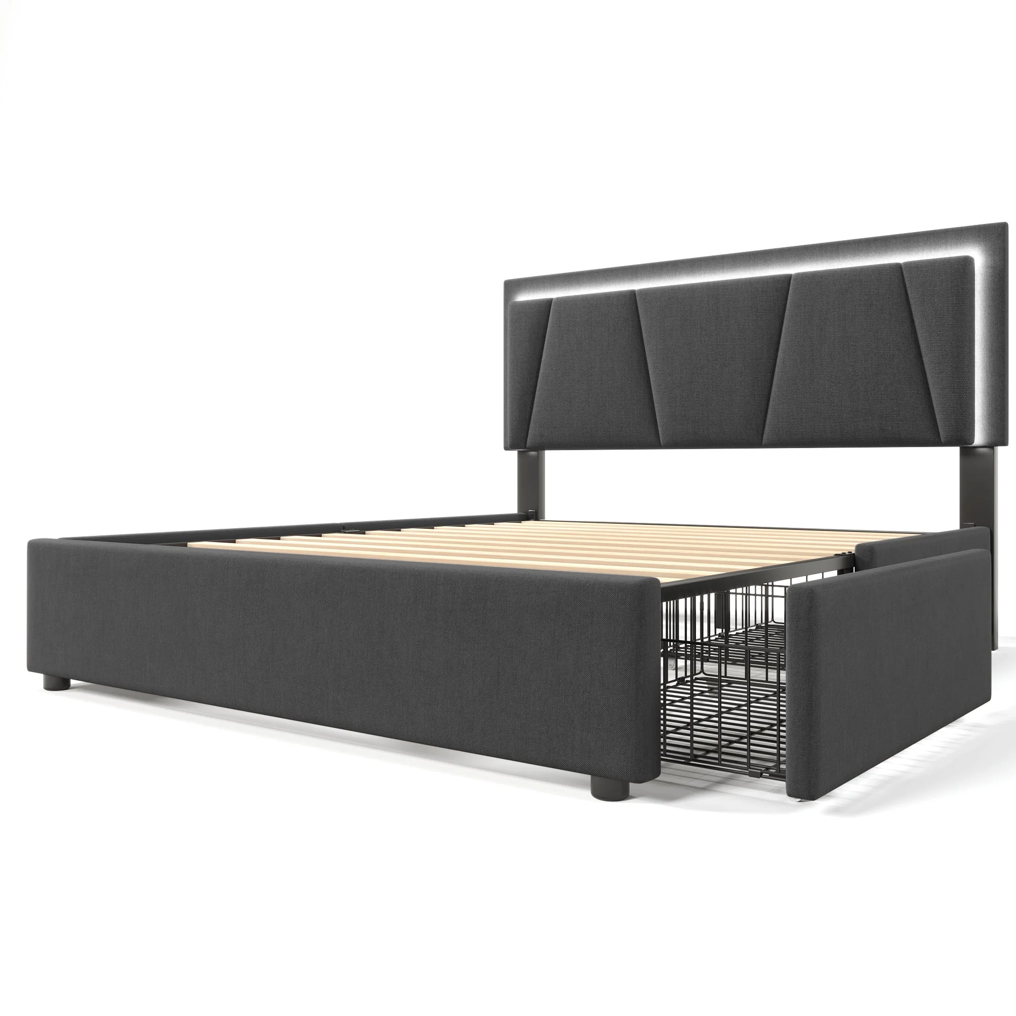 Upholstered Bed with LED Lighting, 4 Drawers, Adjustable Headboard, Gray - Image 9