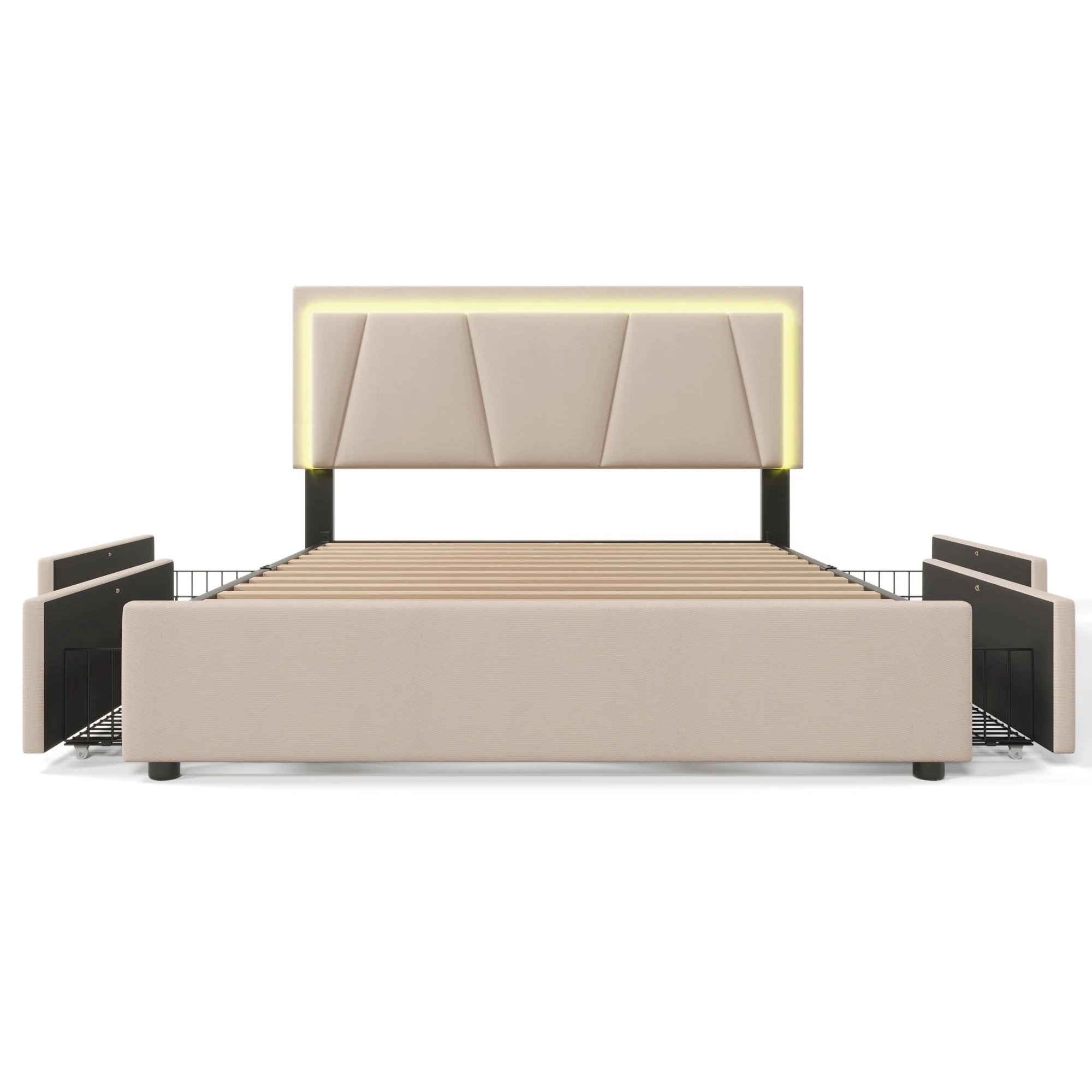 Upholstered Bed with LED Lighting, 4 Drawers and Height-Adjustable Headboard, 160x200cm, Beige Velvet - Image 5