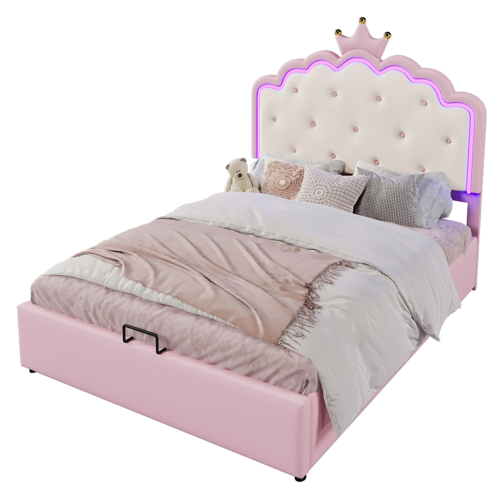 Upholstered Bed with LED Lighting and Hydraulic Storage, 140 x 200 cm, Pink PU - Image 8