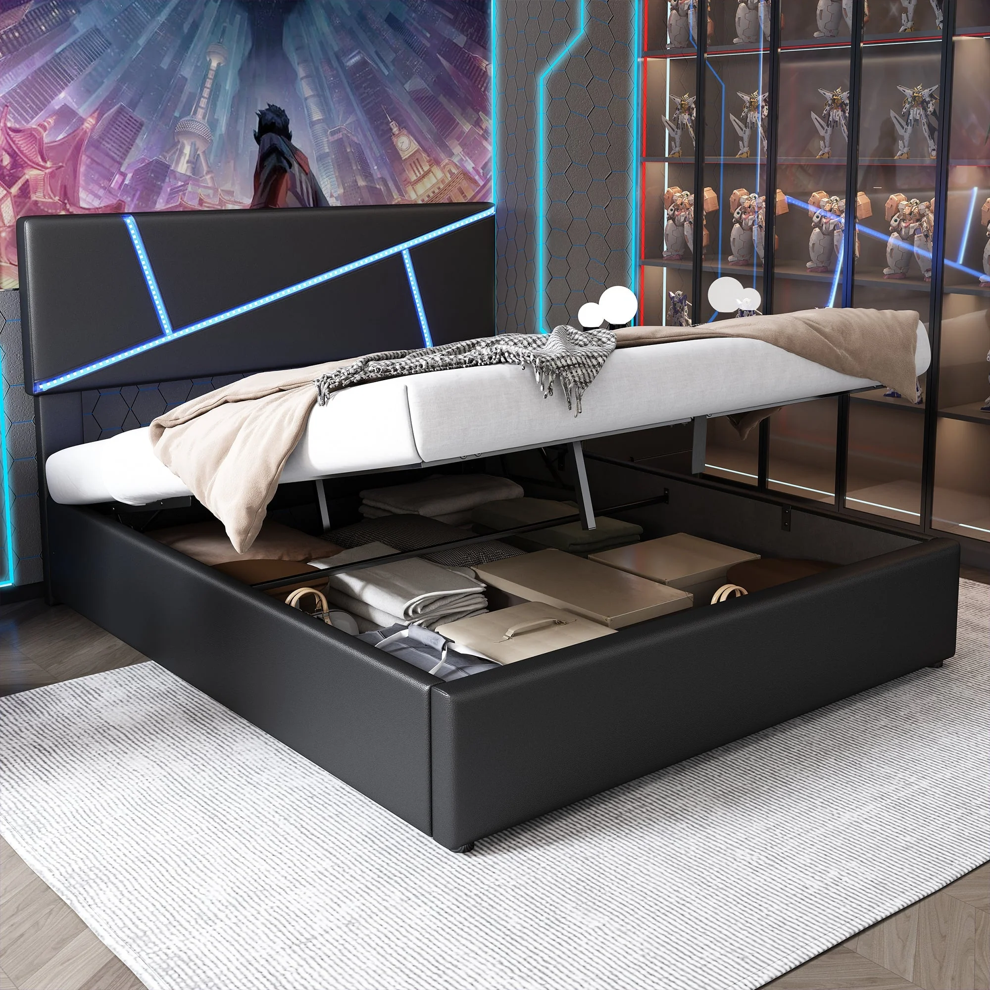 Upholstered Bed with LED Lights, Hydraulic Storage and Slatted Frame, 90x200cm, Black Synthetic Leather - Image 4
