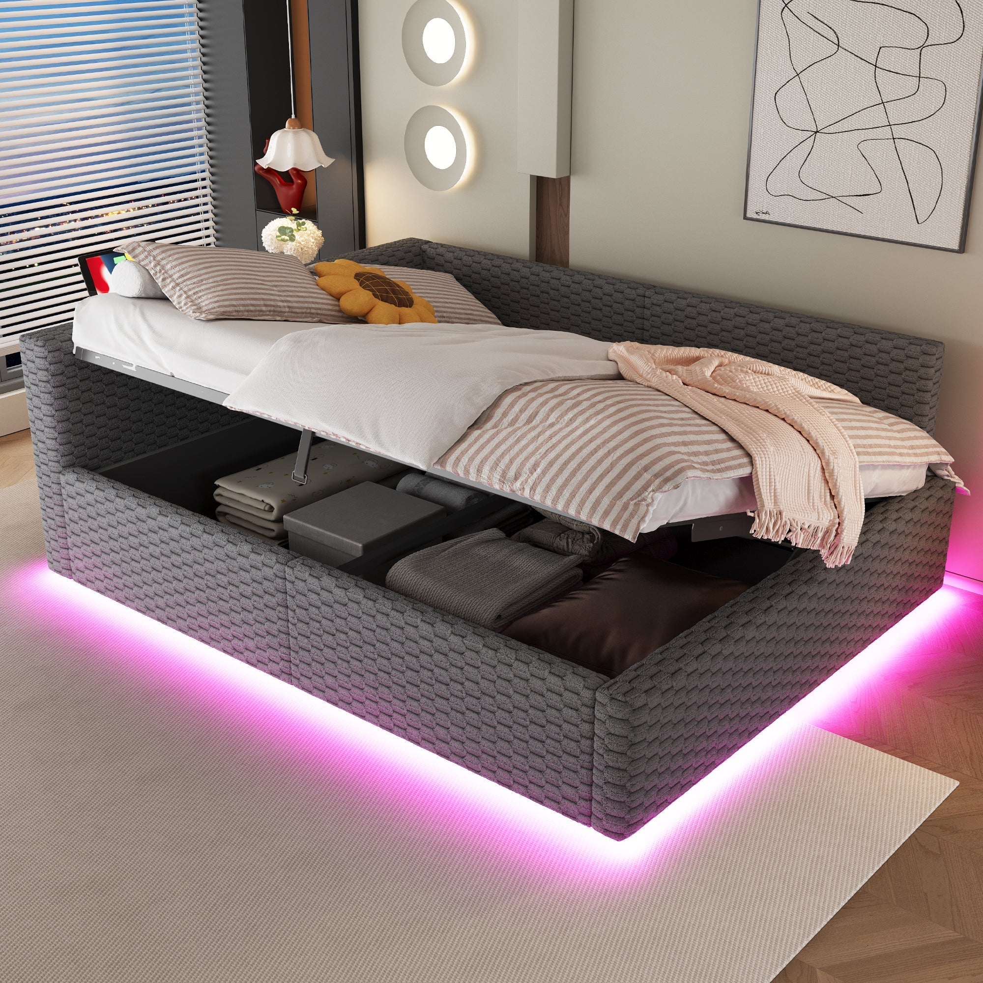 Upholstered Bed with LED, USB-C/USB and Hydraulic Storage, 140x200cm, Grey Velvet - Image 2