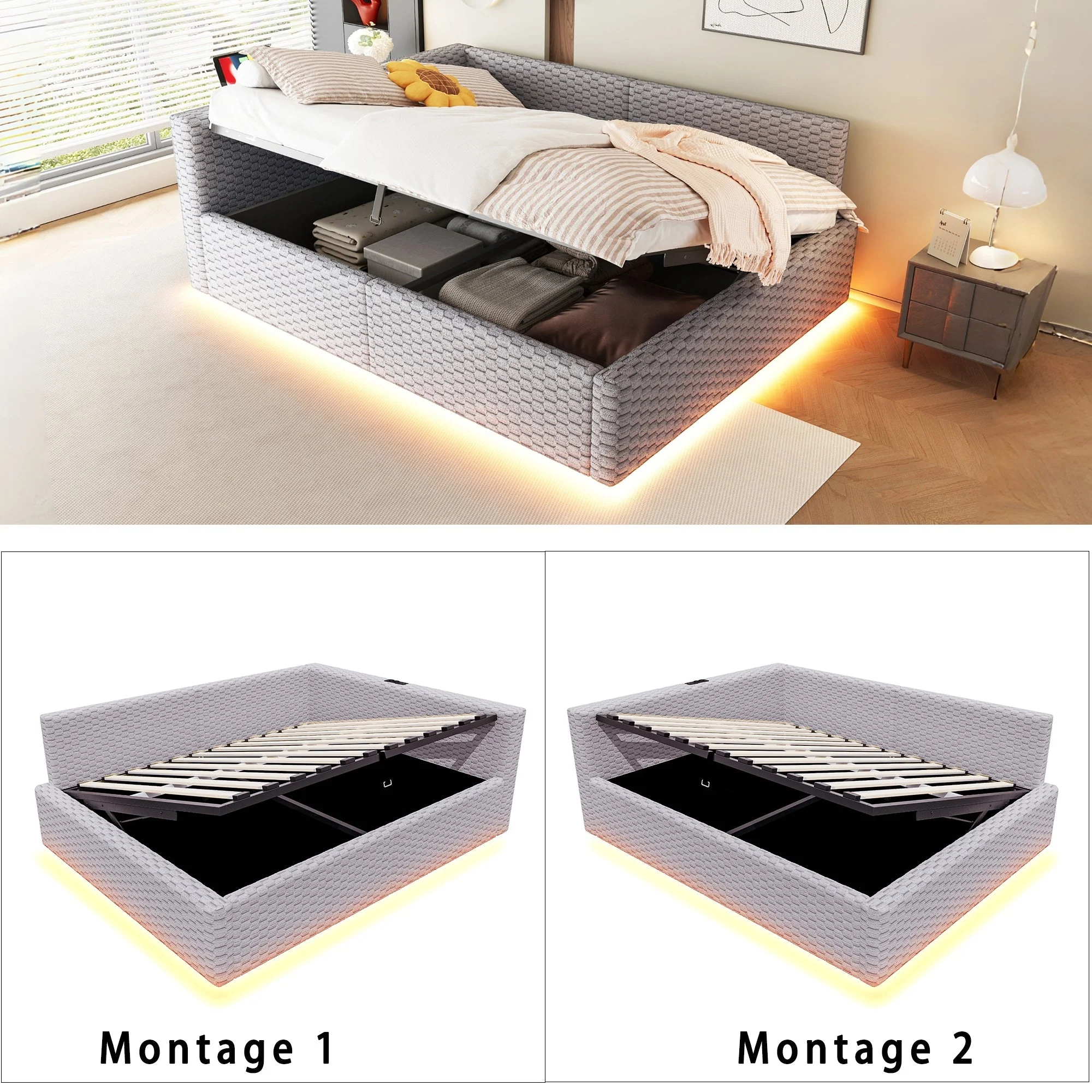 Upholstered Bed with LED, USB-C/USB and Hydraulic Storage, 140x200cm, Grey Velvet - Image 8
