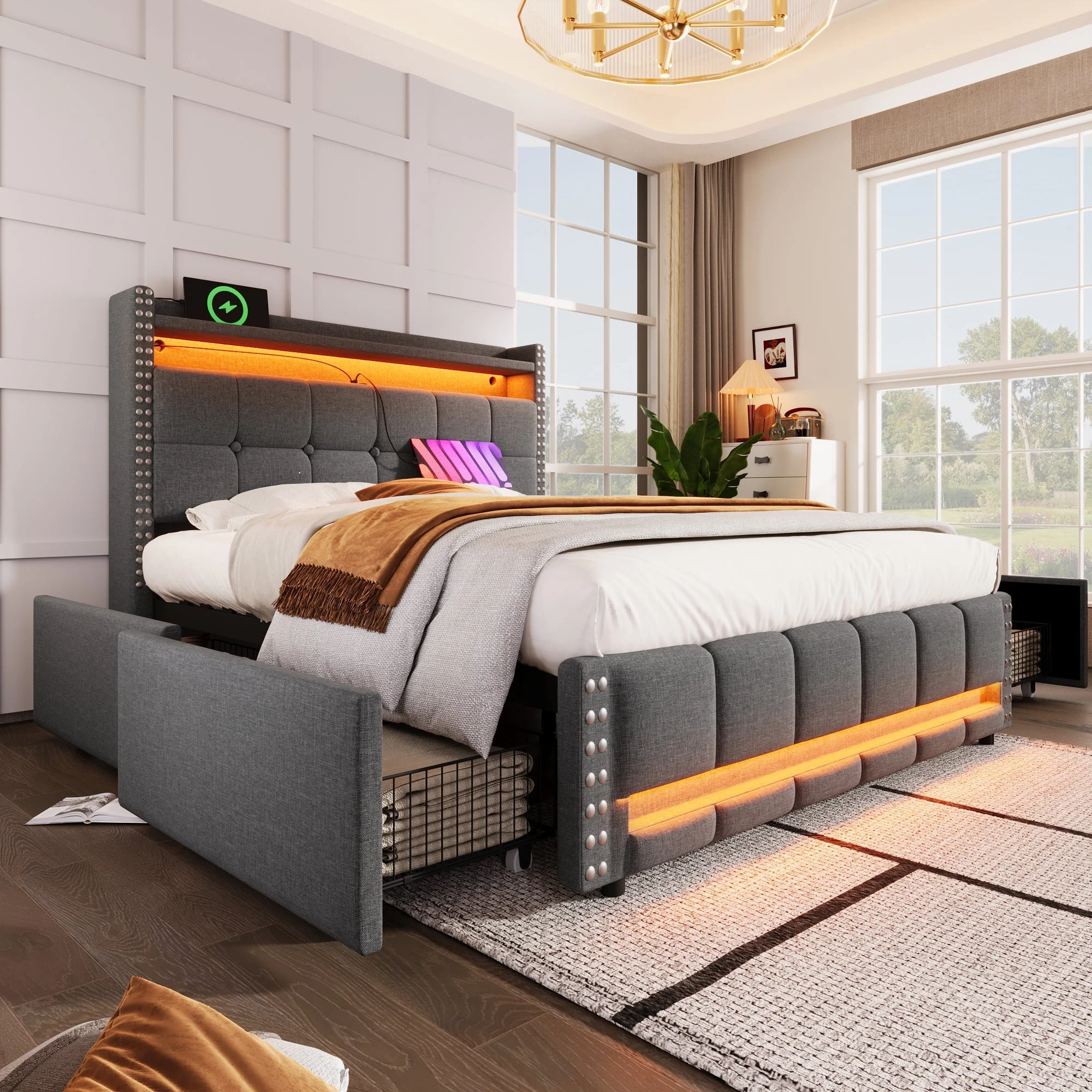 Upholstered Bed with LED, USB, Shelves & 4 Drawers, Gray Linen - Image 7