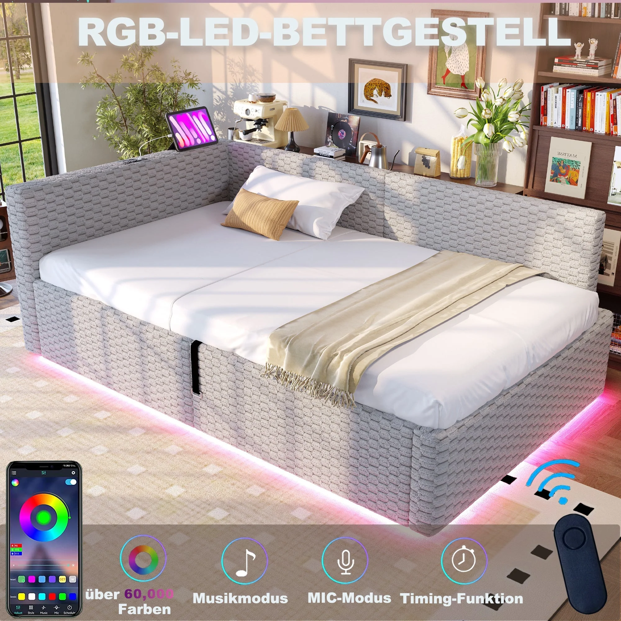 Upholstered Bed with LED, USB, Type-C and Hydraulic Storage, 90x200cm, Grey Velvet - Image 8