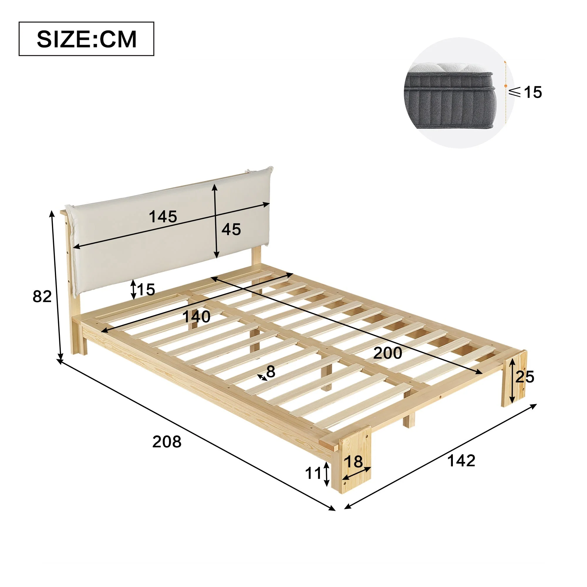 Upholstered Bed with Padded Headboard and Sturdy Slatted Base, 140x200cm, Natural Pine - Image 4