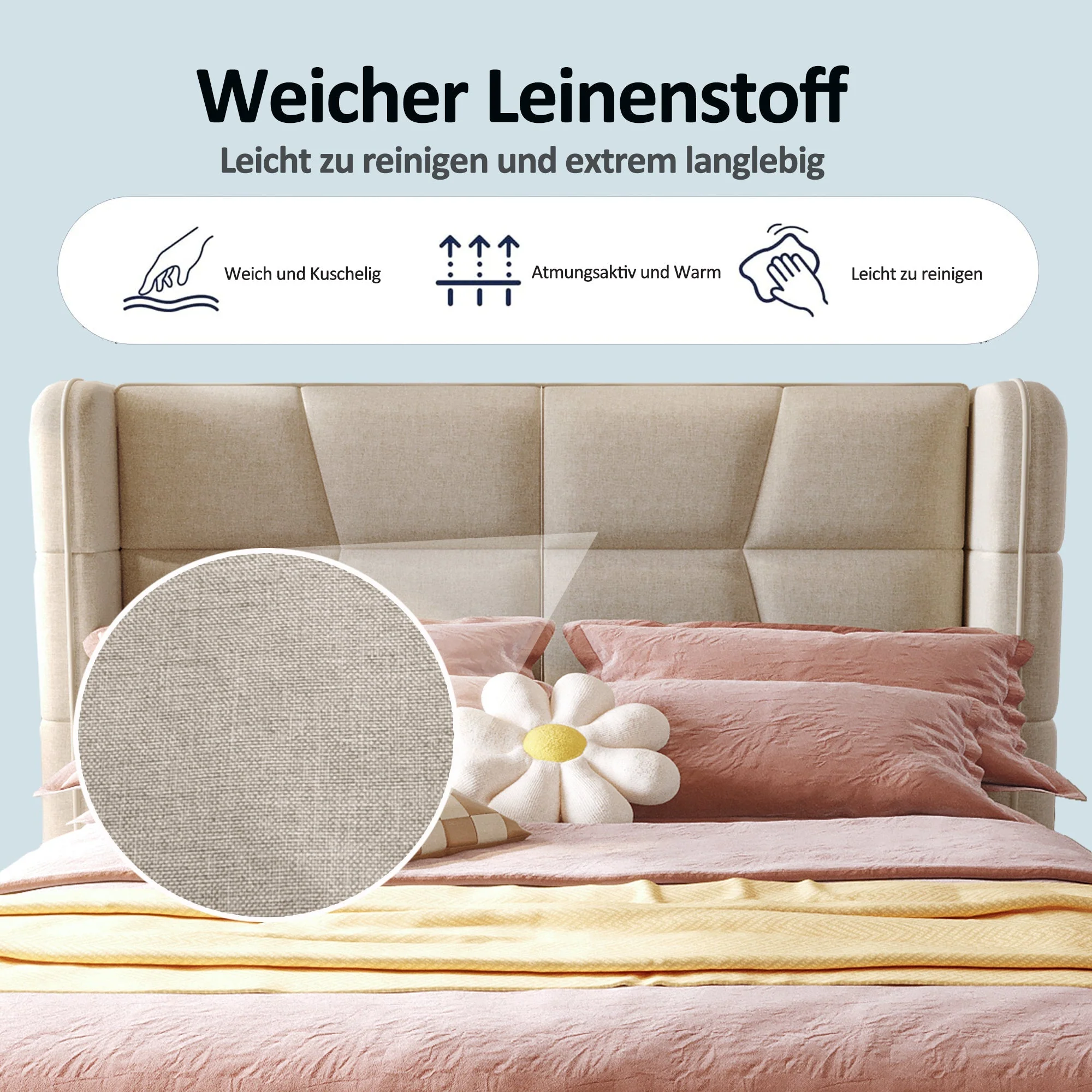 Upholstered Bed with Pneumatic Storage System and Headboard, 90 x 200 cm, Beige Linen - Image 4
