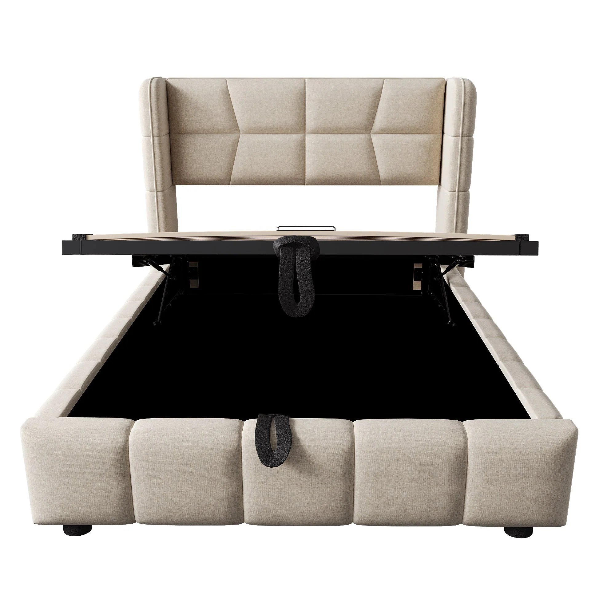 Upholstered Bed with Pneumatic Storage System and Headboard, 90 x 200 cm, Beige Linen - Image 9