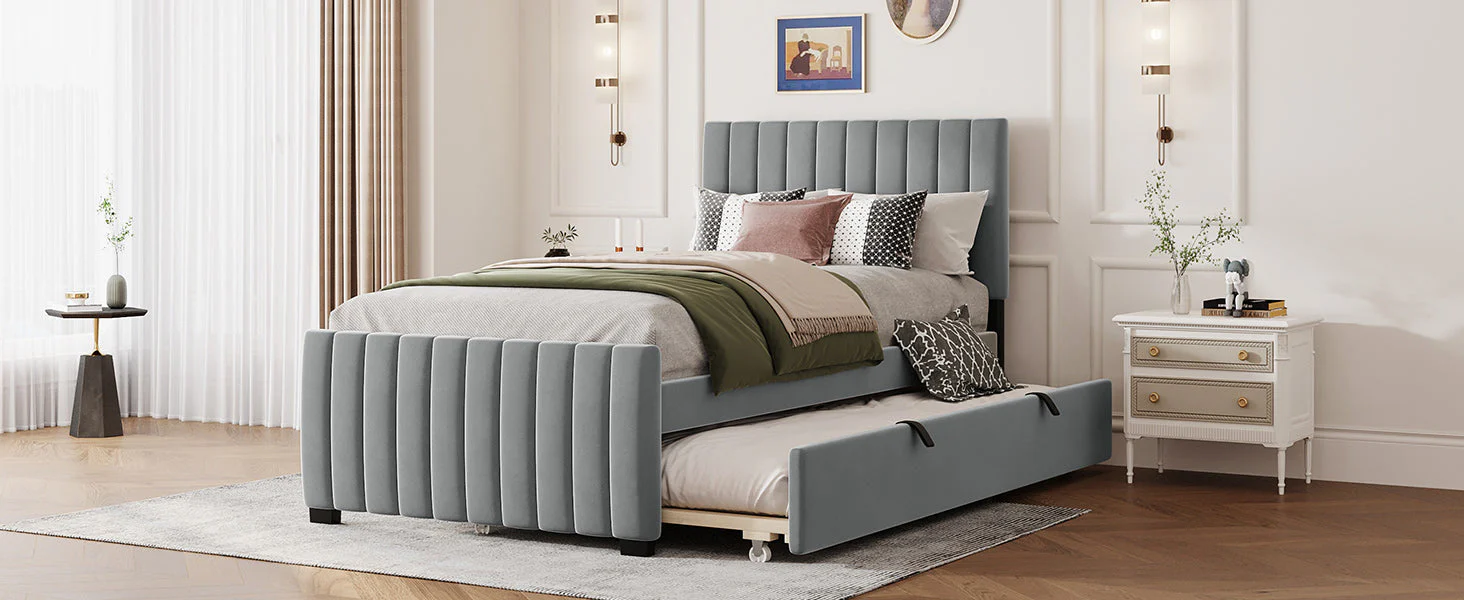 Upholstered Bed with Pull-Out, 90 x 190 cm Single, Grey Velvet - Image 9