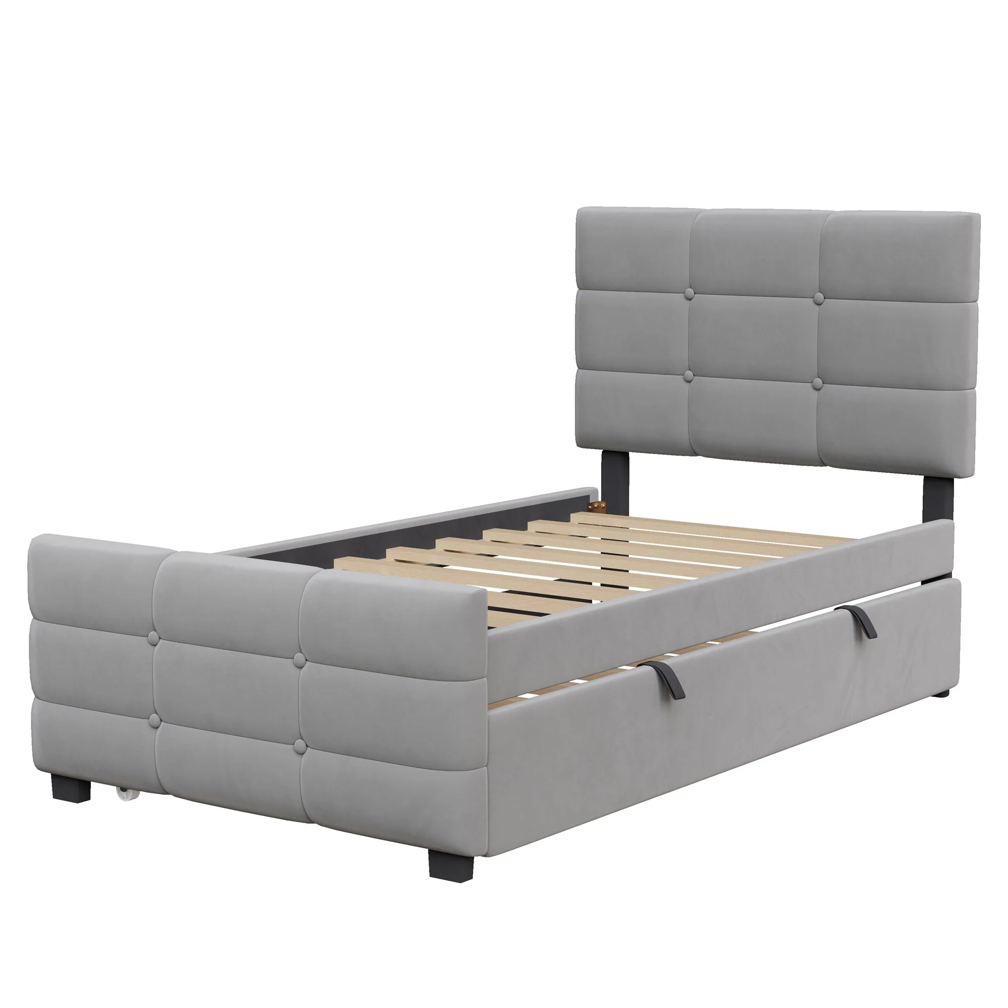 Upholstered Bed with Pull-out Bed, 90x190cm, Grey Velvet Fabric - Image 3