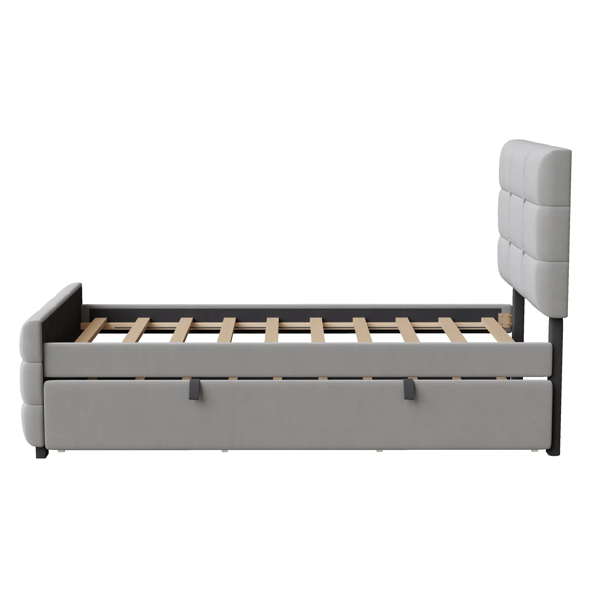 Upholstered Bed with Pull-out Bed, 90x190cm, Grey Velvet Fabric - Image 8