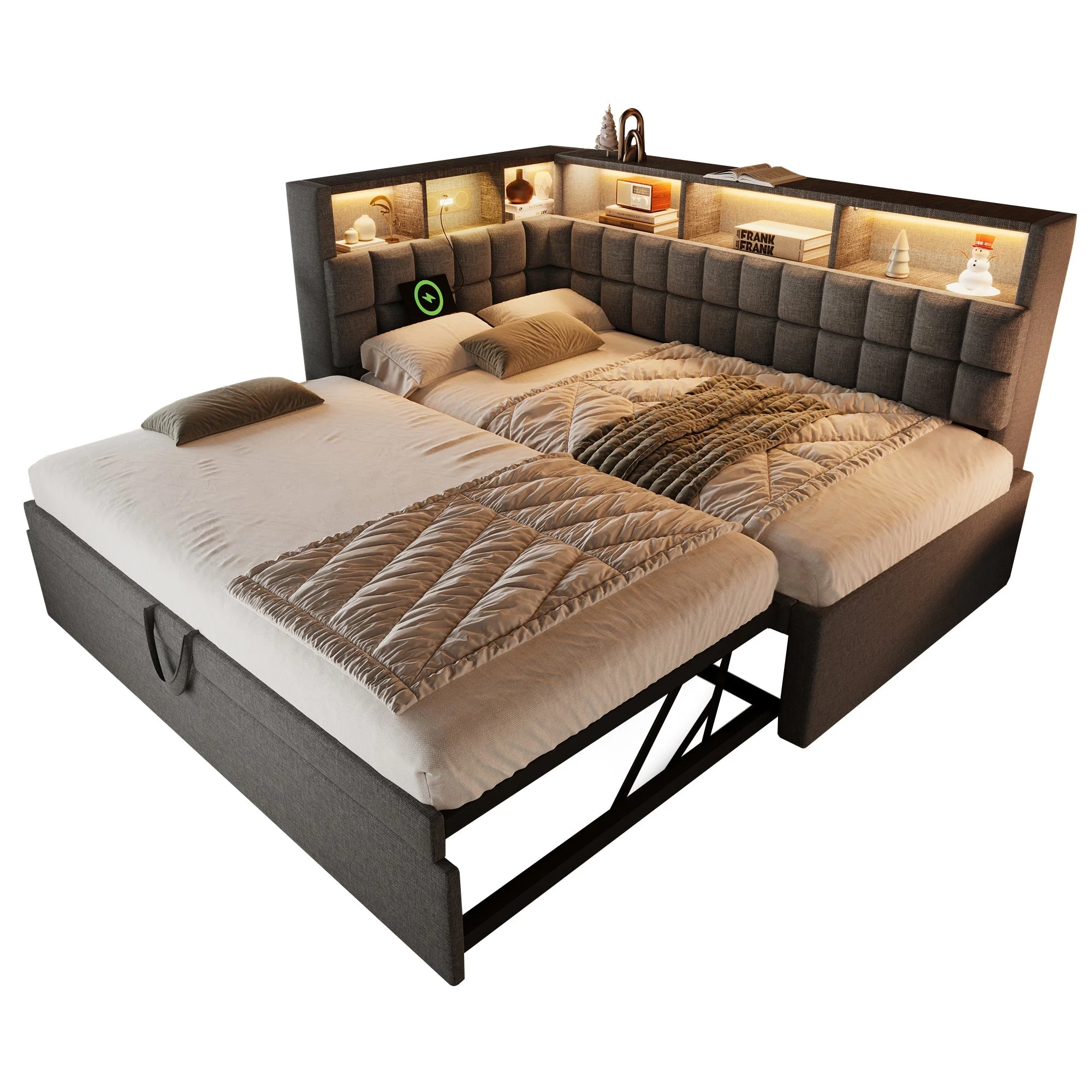 Upholstered Bed with Pull-out Bed, LED, Bluetooth Speaker and Charging Ports, 90x200cm, Grey Linen - Image 7