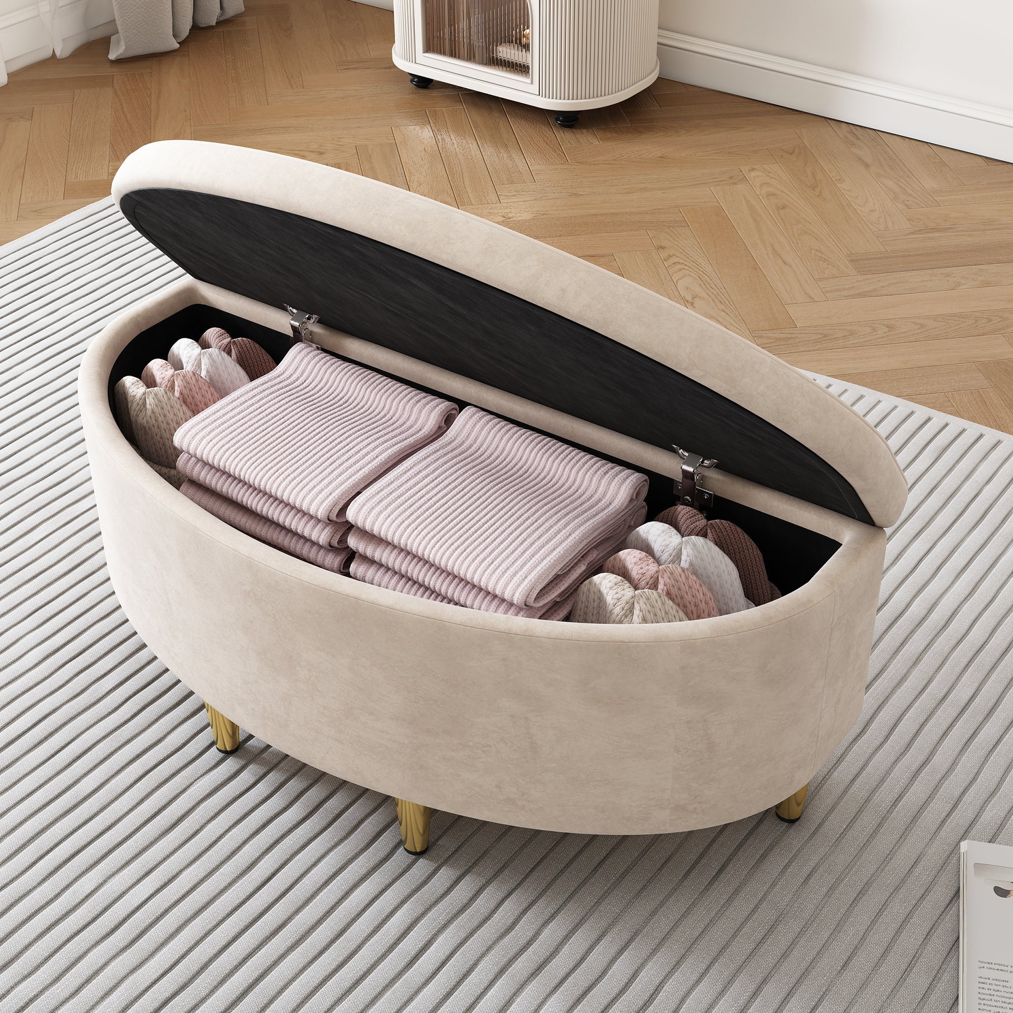 Upholstered Bed with Shell Headboard, Storage Bench and Golden Legs, 90x200cm, Beige Velvet - Image 3