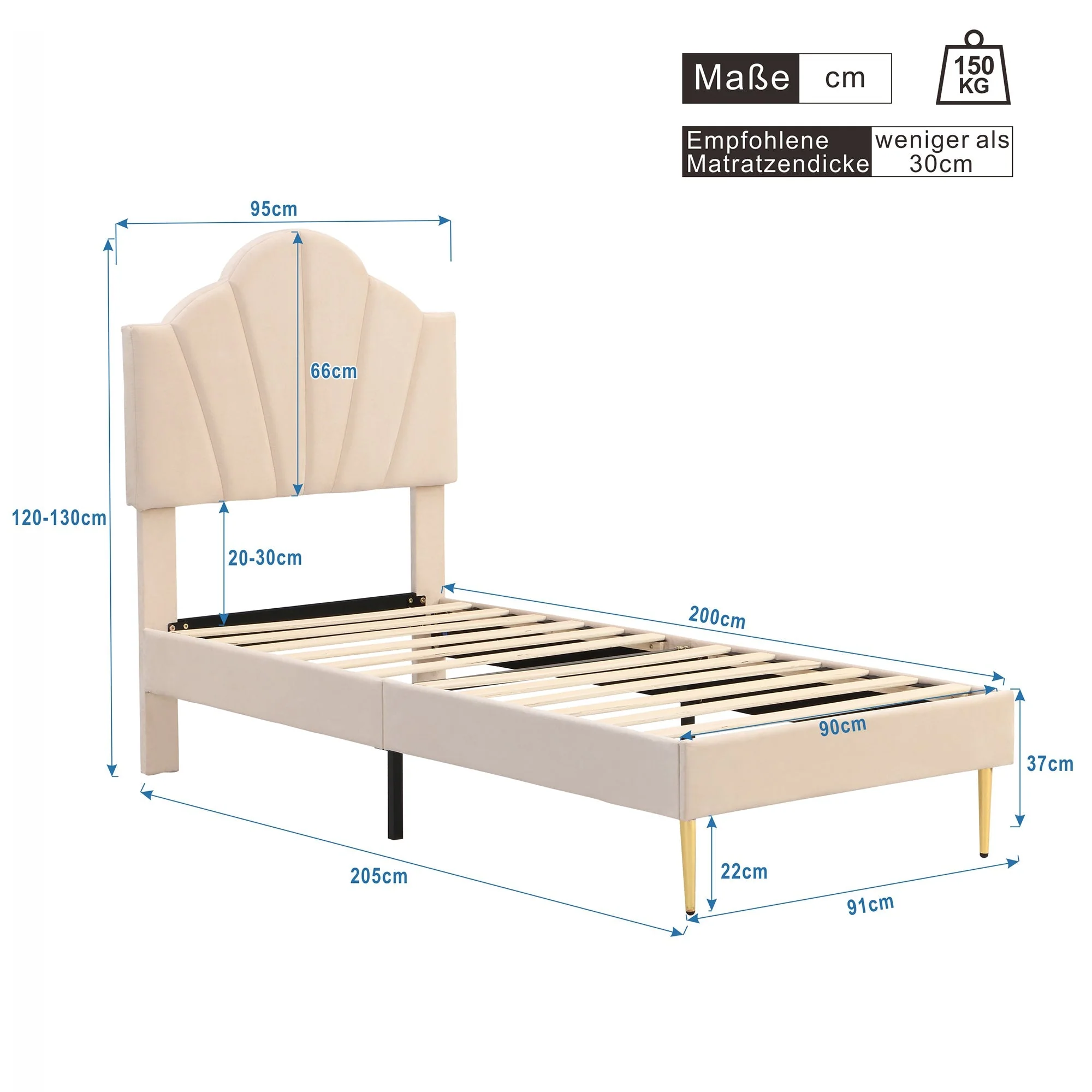 Upholstered Bed with Shell Headboard, Storage Bench and Golden Legs, 90x200cm, Beige Velvet - Image 6