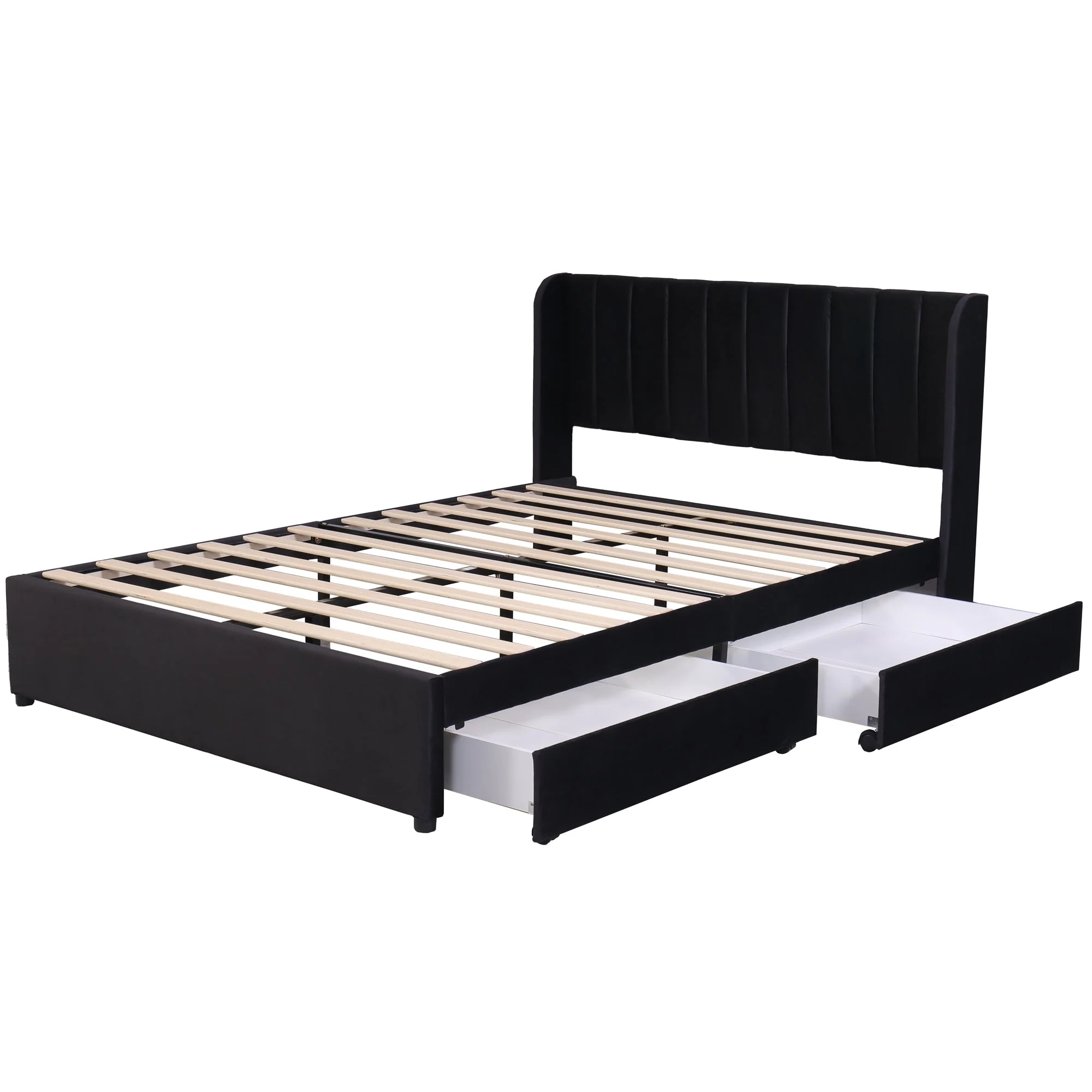 Upholstered Bed with Slatted Base and 2 Drawers, 160 x 200 cm, Black Velvet - Image 8