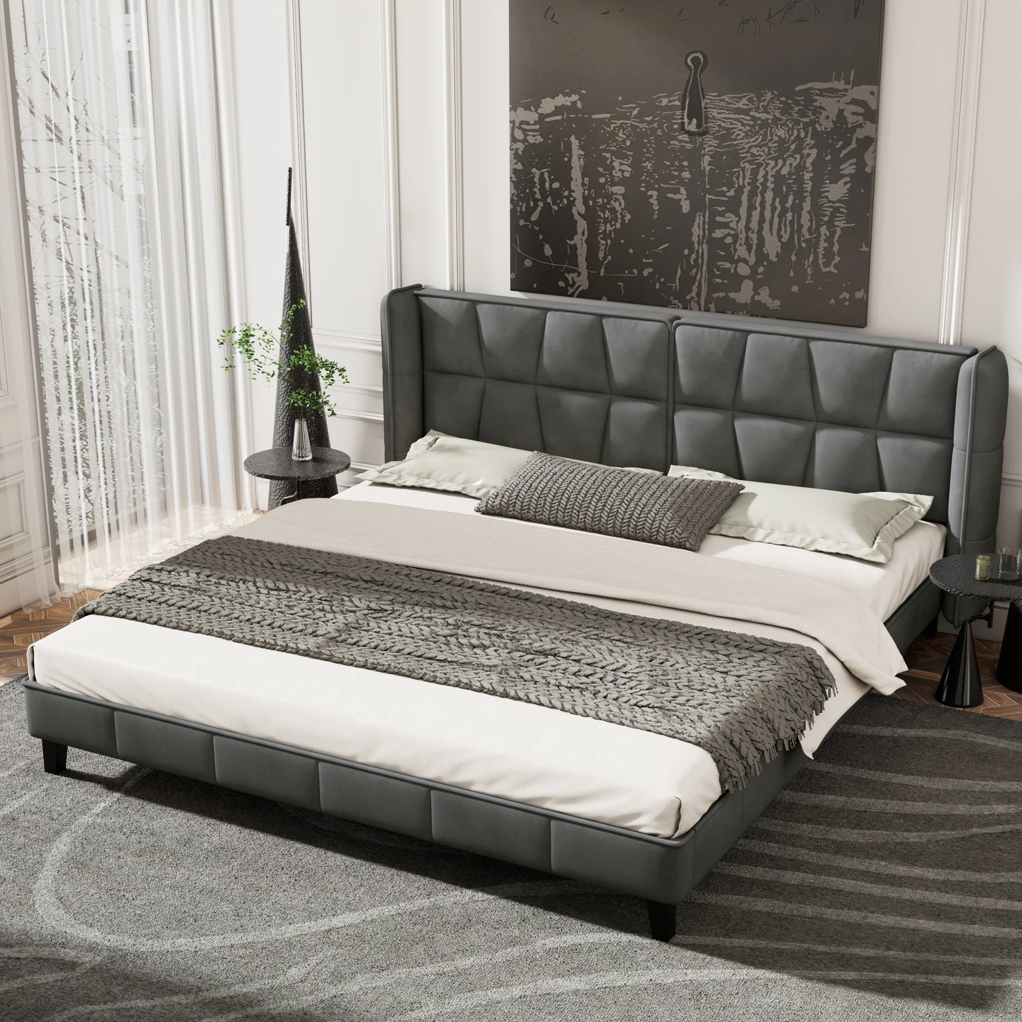 Upholstered Bed with Slatted Base and Headboard, 160x200cm, Grey Velvet