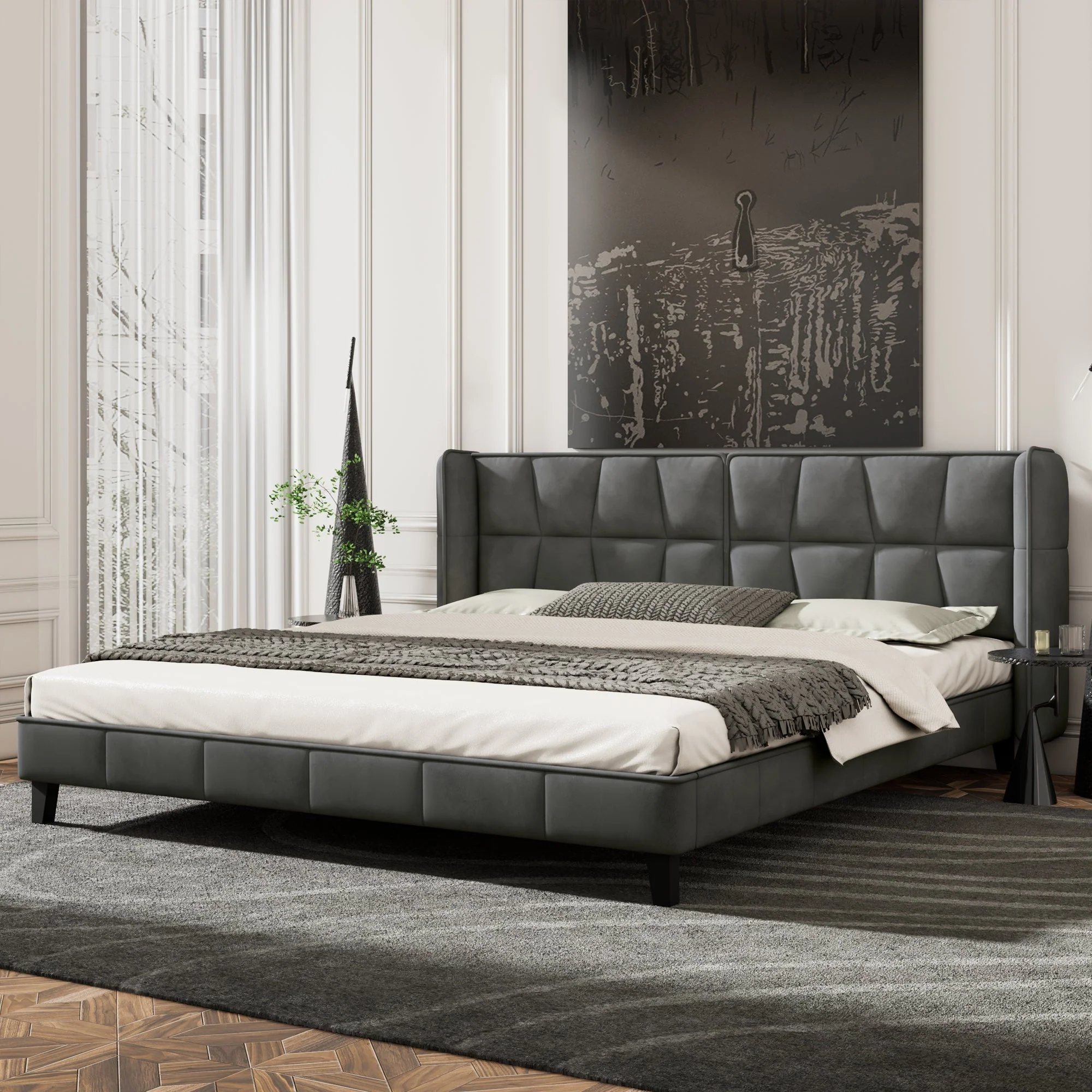 Upholstered Bed with Slatted Base and Headboard, 160x200cm, Grey Velvet - Image 2