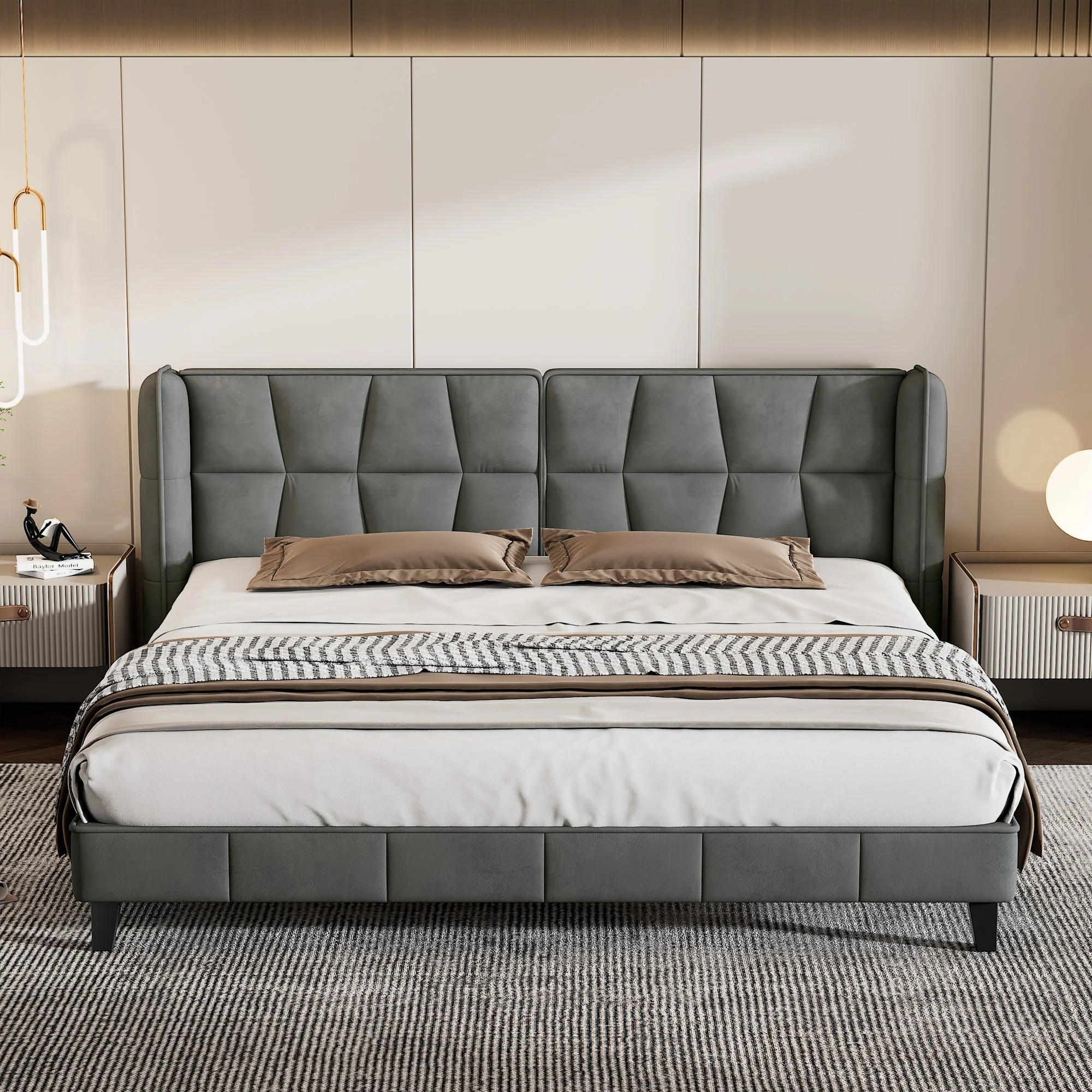 Upholstered Bed with Slatted Base and Headboard, 160x200cm, Grey Velvet - Image 3